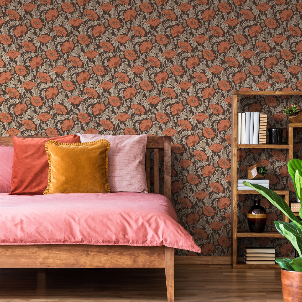 Maurice Pillard Verneuil x  Poppy Peel and Stick Wallpaper, Removable Wallpaper, Traditional Wallpaper - Terracotta Orange | DeccoPrint