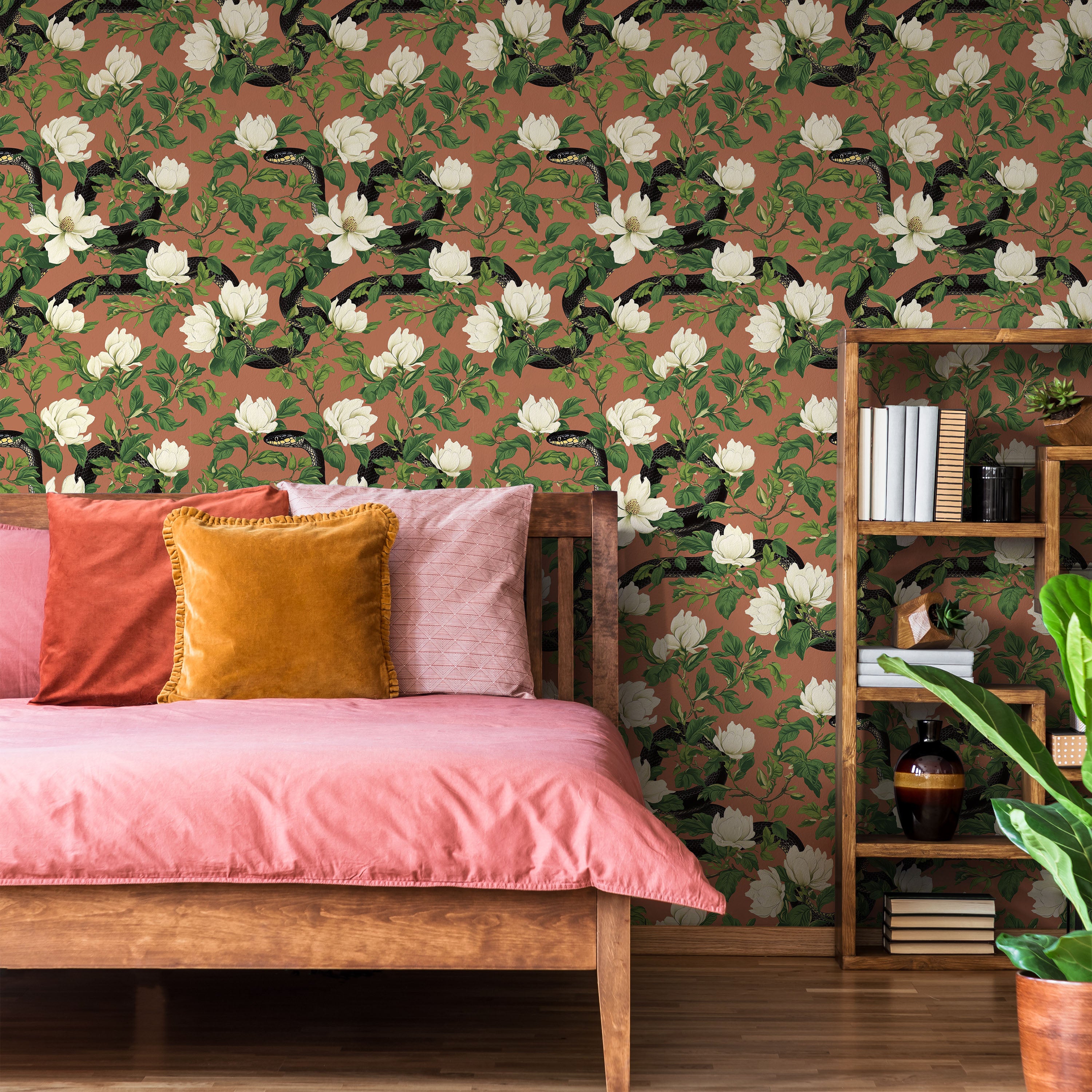 Snakes in Foliage Peel and Stick Wallpaper, Removable Wallpaper, Traditional Wallpaper - Vintage Brown | DeccoPrint