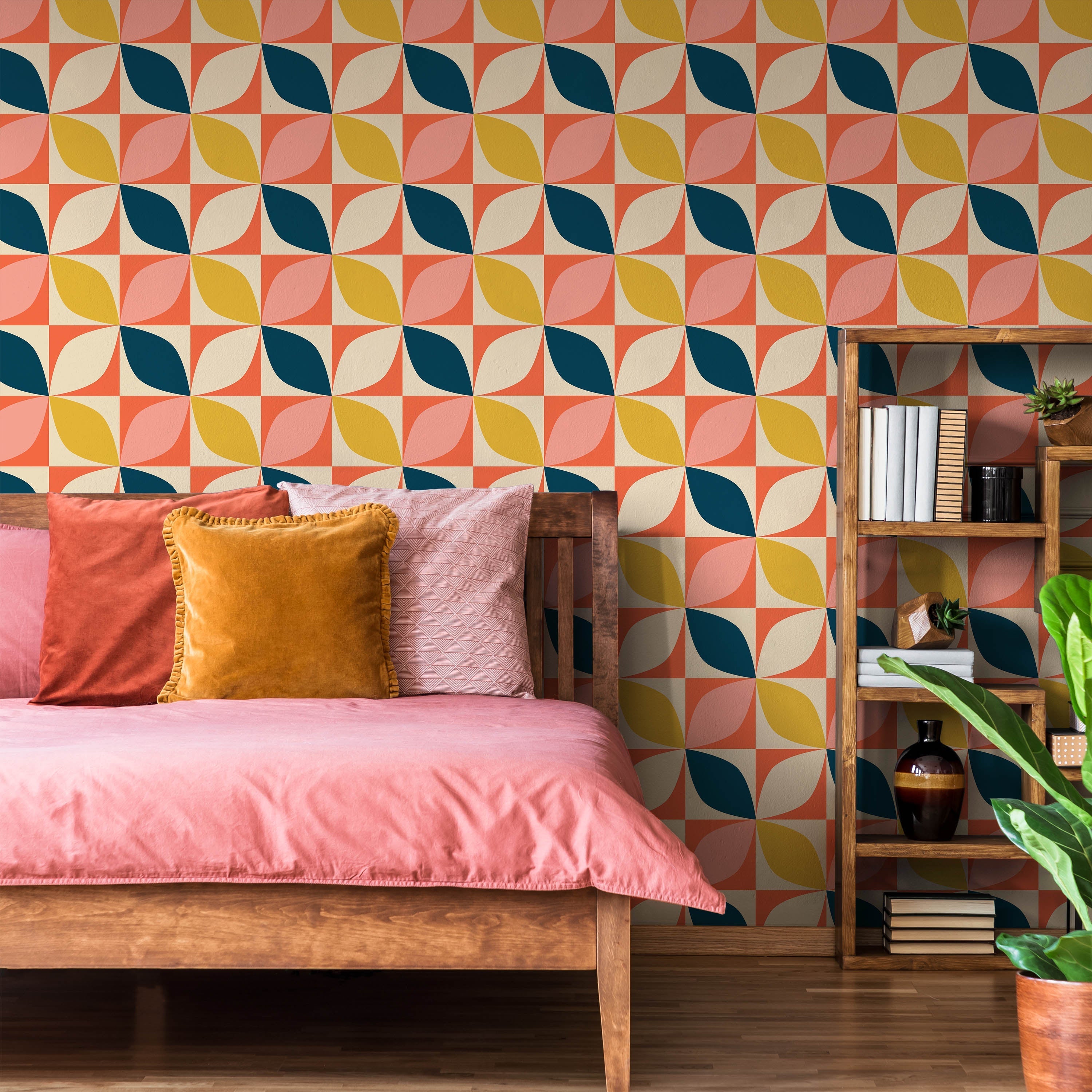 Geometric Bauhaus Peel and Stick Wallpaper, Removable Wallpaper, Traditional Wallpaper - Orange | DeccoPrint