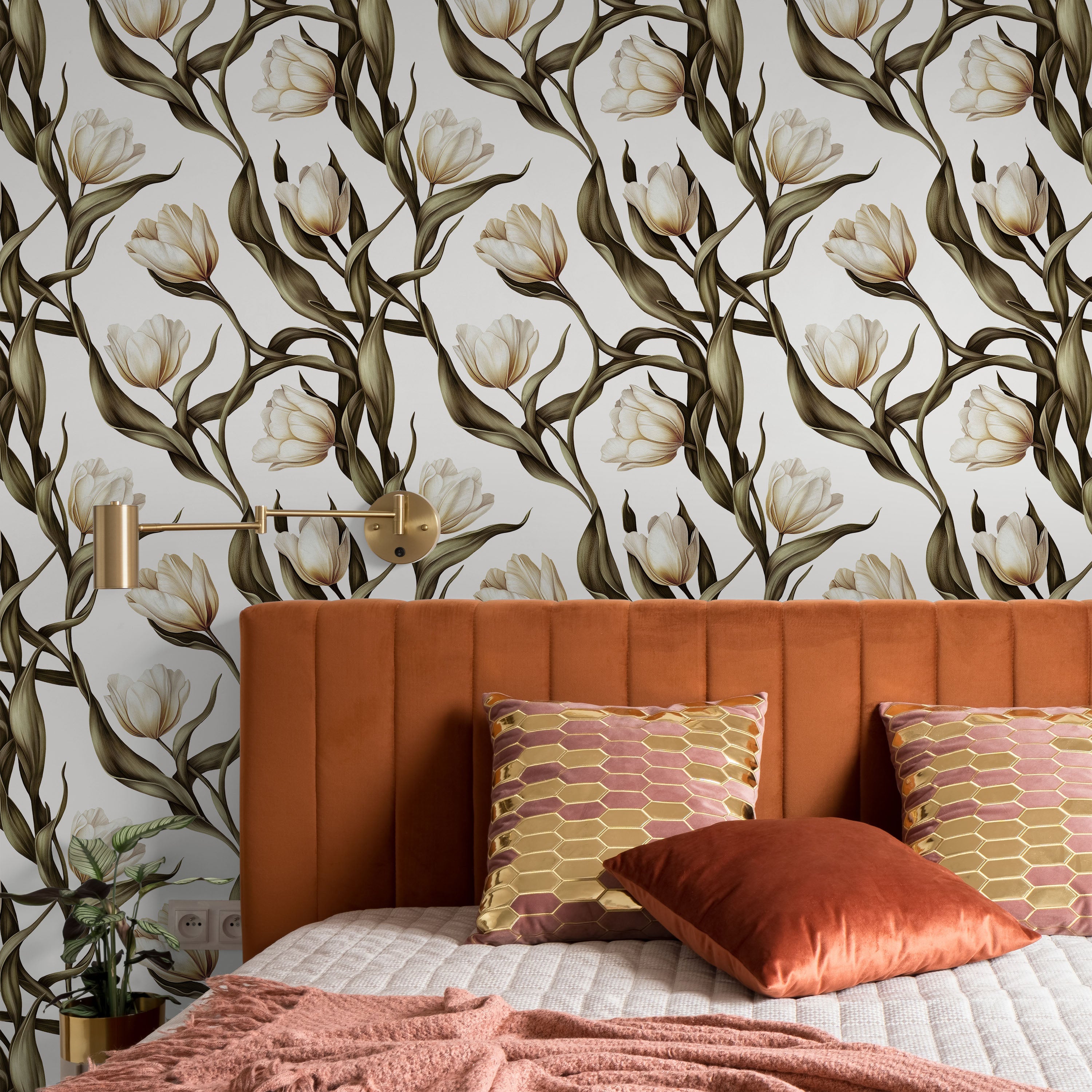 Spring Tulips Peel and Stick Wallpaper, Removable Wallpaper, Traditional Wallpaper - Ivory White | DeccoPrint