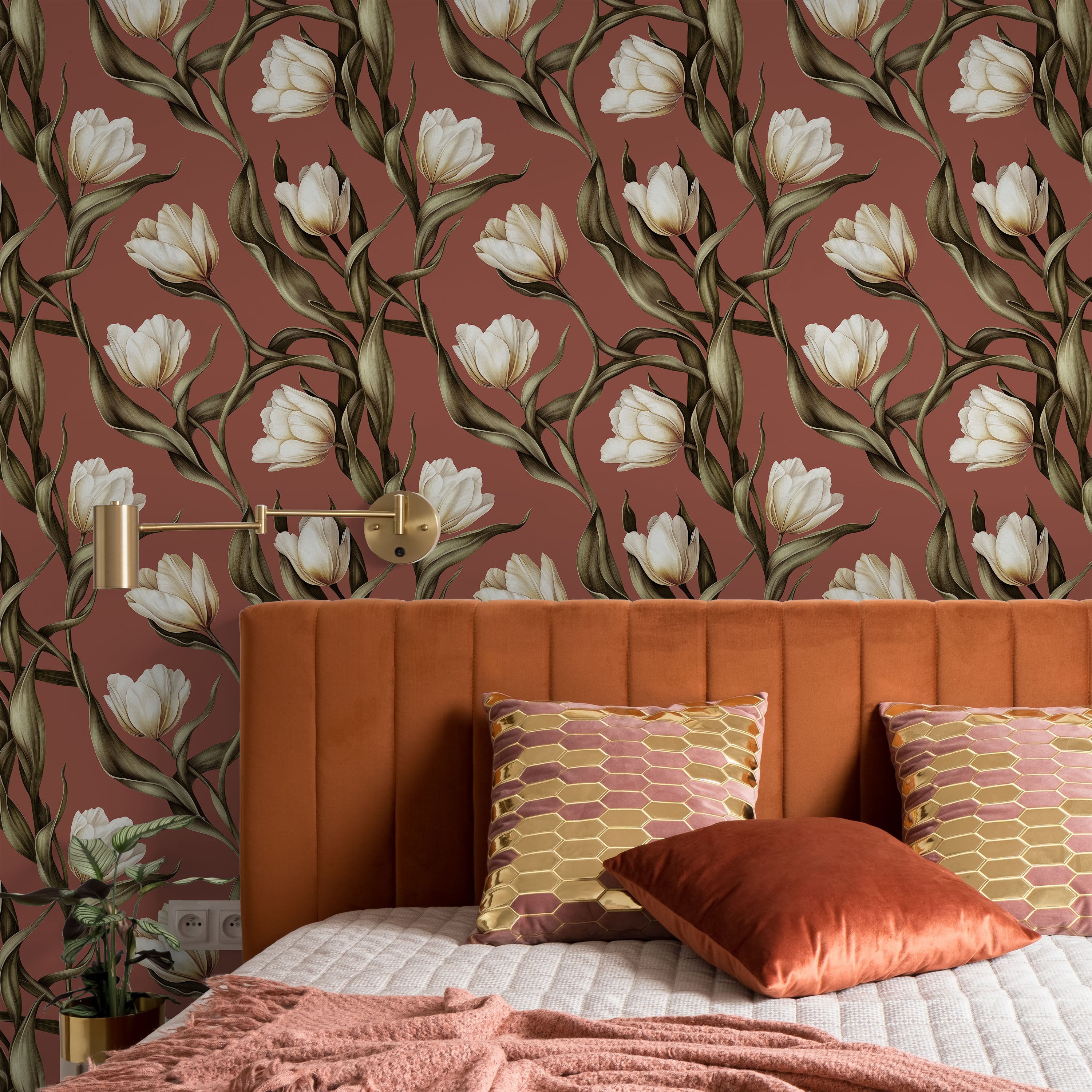Spring Tulips Peel and Stick Wallpaper, Removable Wallpaper, Traditional Wallpaper - Rustic Browm | DeccoPrint