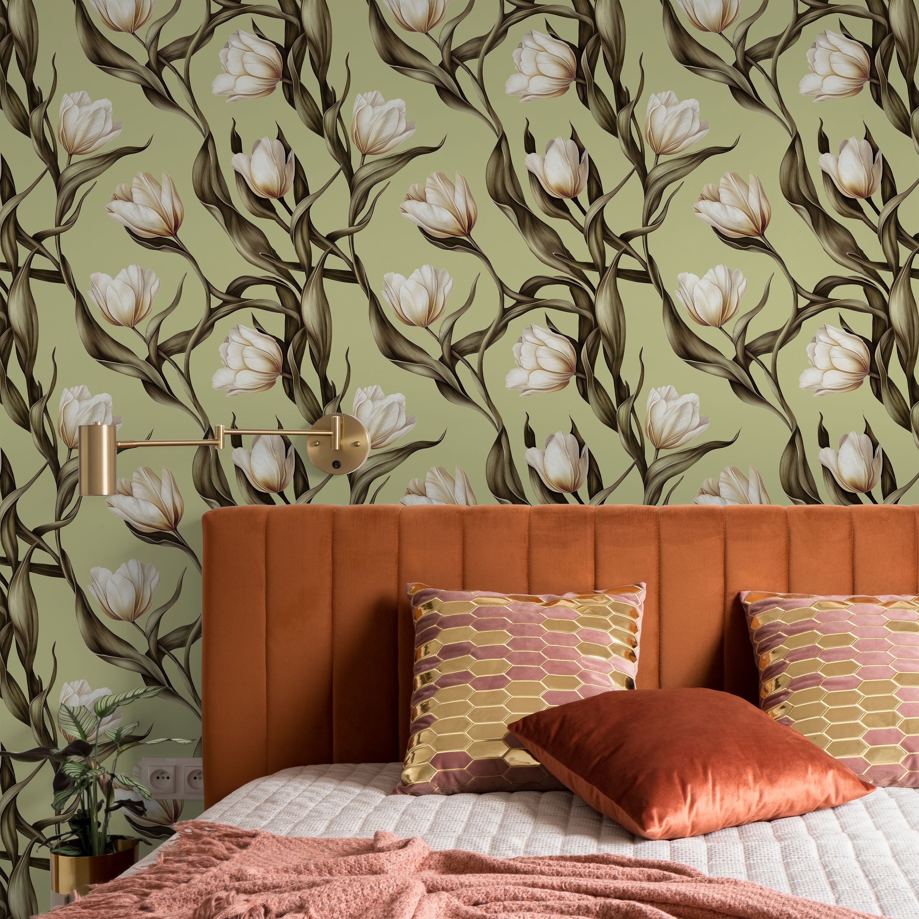 Spring Tulips Peel and Stick Wallpaper, Removable Wallpaper, Traditional Wallpaper - Sage Green | DeccoPrint