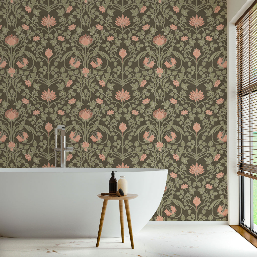 Art Nouveau Peel and Stick Wallpaper, Removable Wallpaper, Traditional Wallpaper - Dark Sage | DeccoPrint