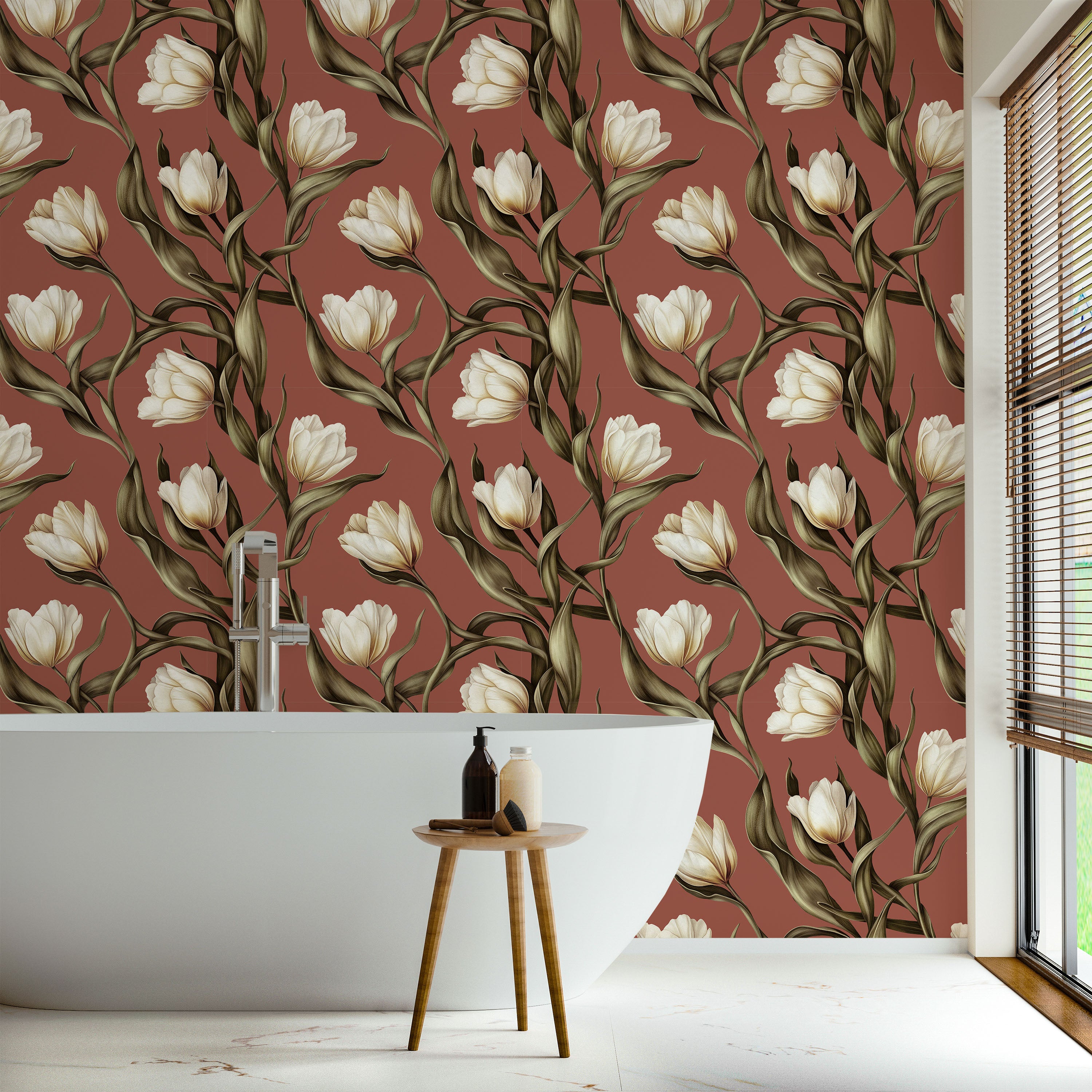 Spring Tulips Peel and Stick Wallpaper, Removable Wallpaper, Traditional Wallpaper - Rustic Browm | DeccoPrint