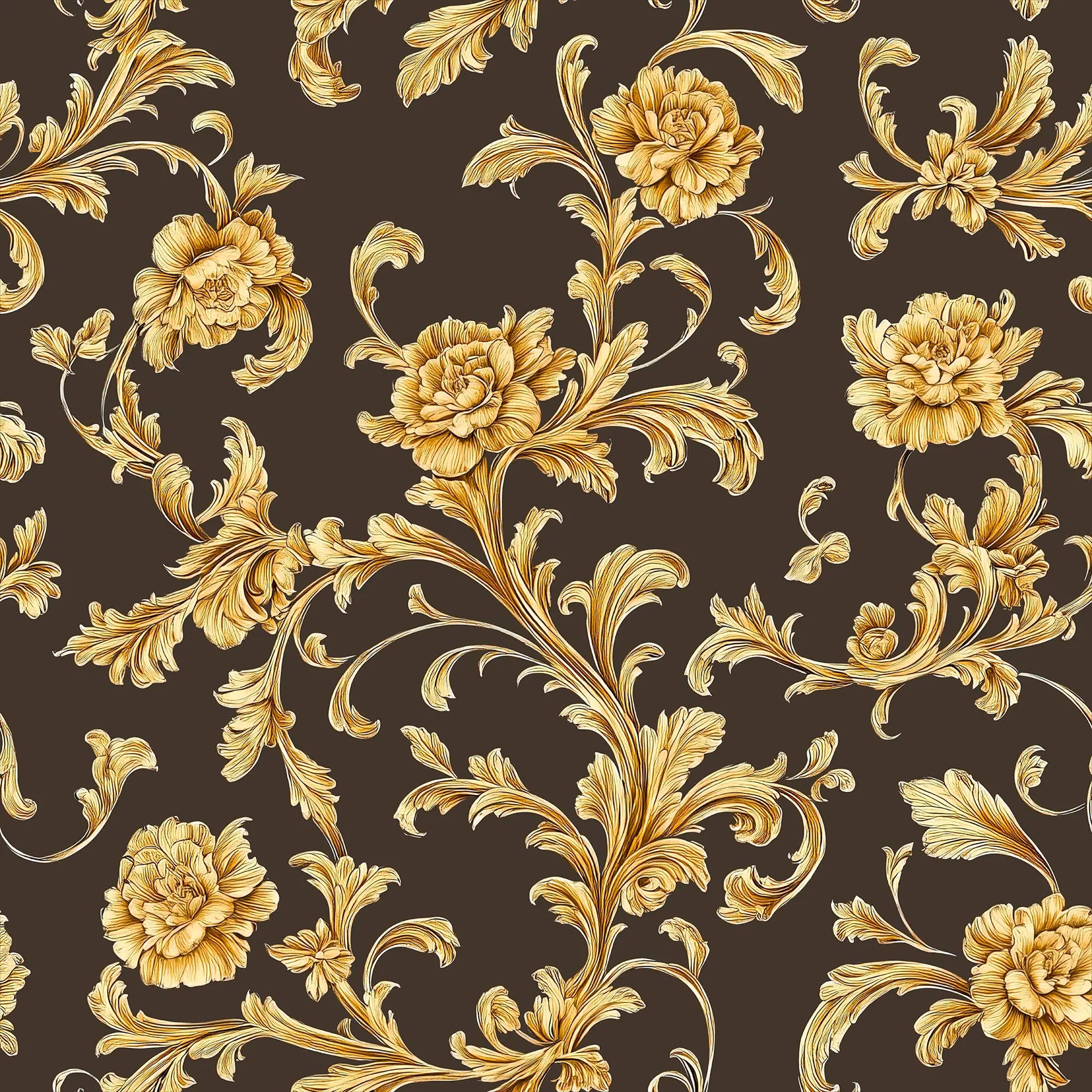 Gold floral and leaf pattern on a brown background