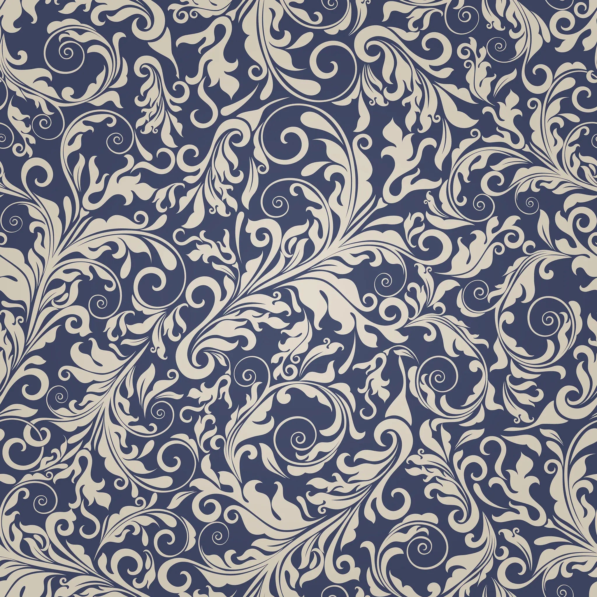 Decorative pattern with swirls and leaves on a blue background
