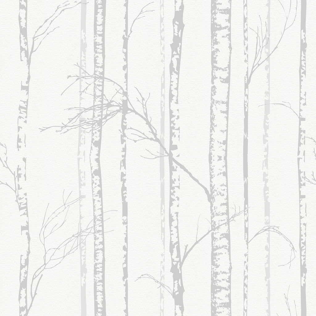 Pattern of light gray birch trees on a white background