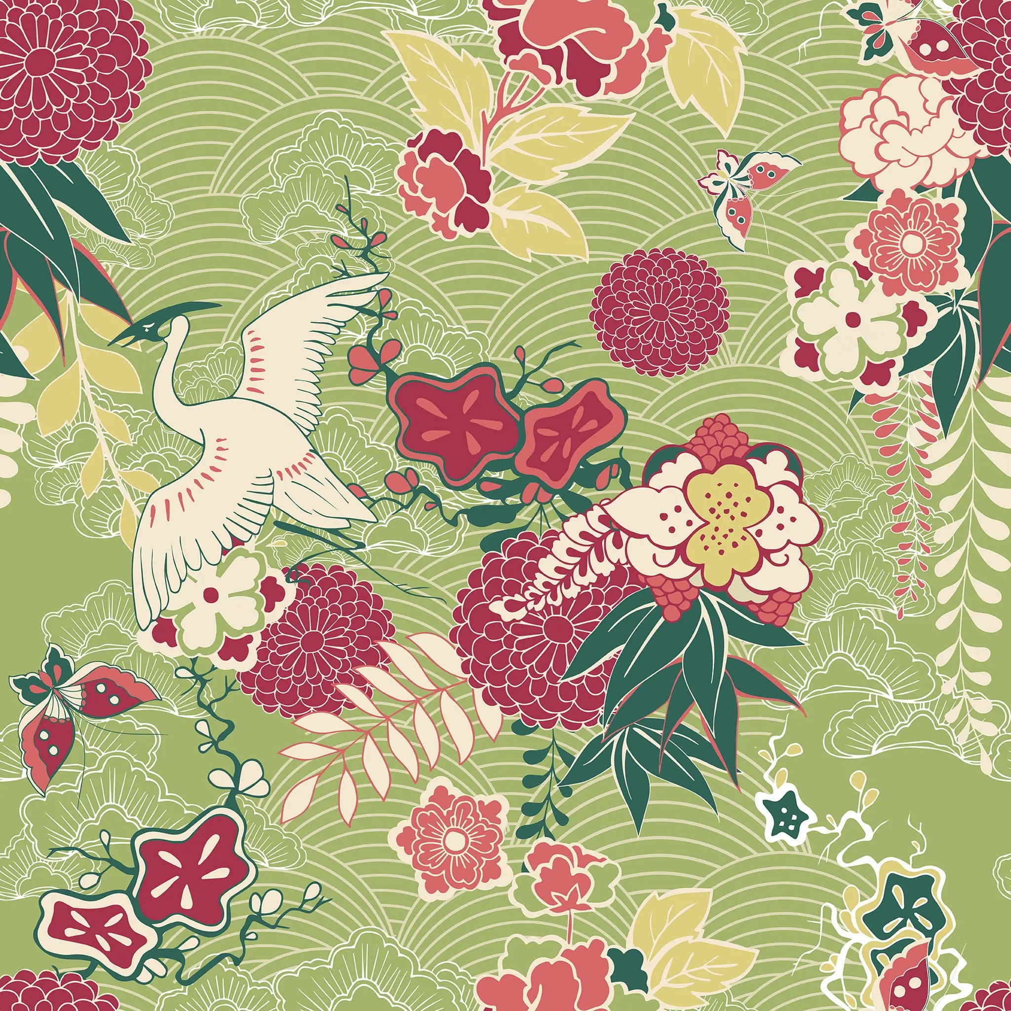 Floral and bird pattern on a green background