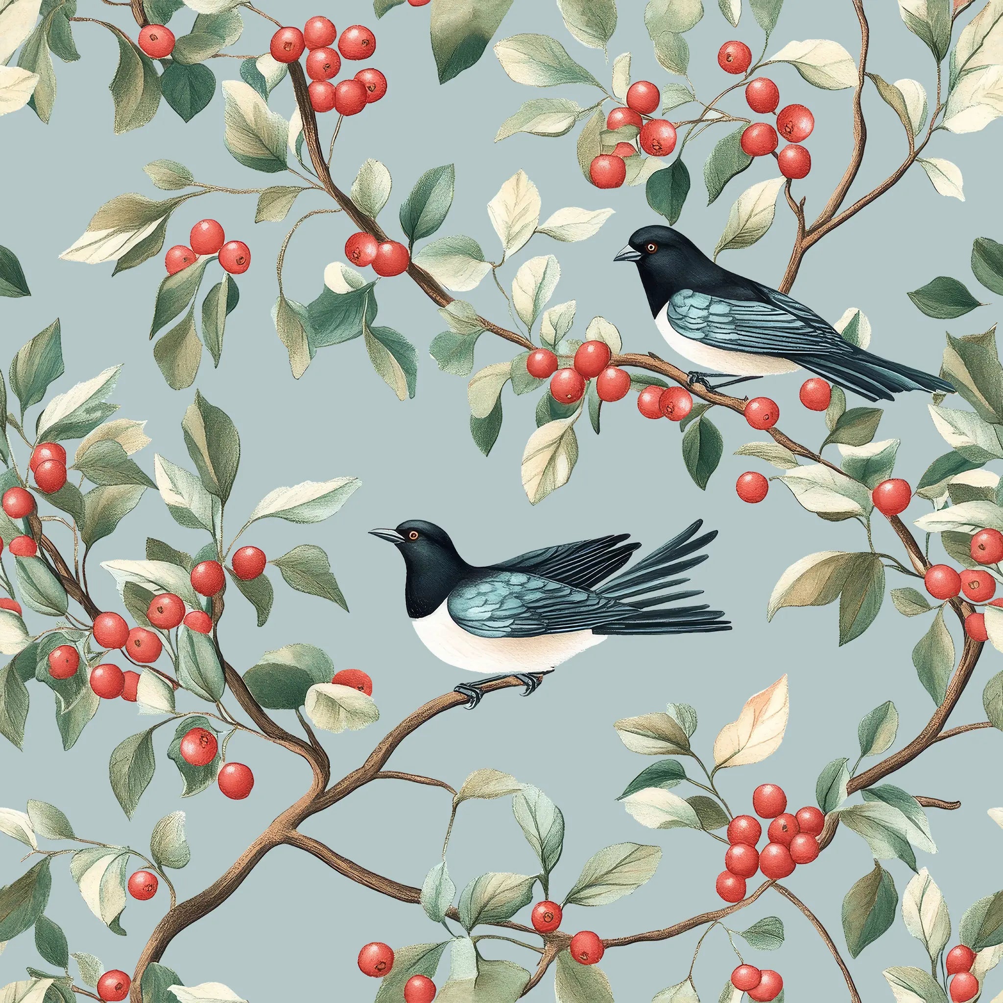 Pattern of birds and berries on a light blue background