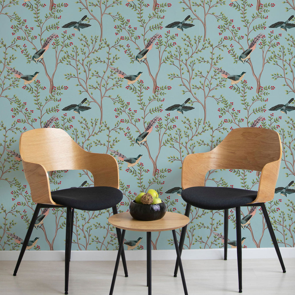 Birds and The Trees Wallpaper - Blue | DeccoPrint