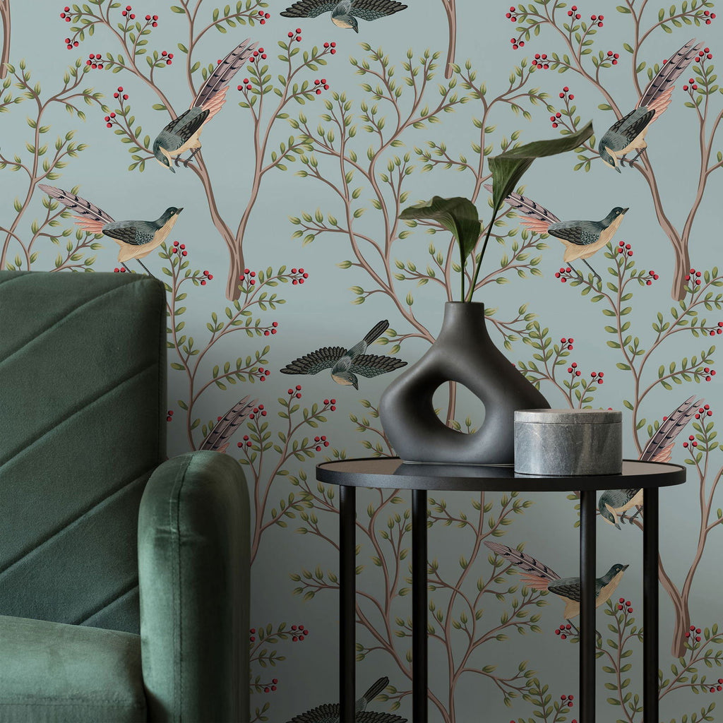 Birds and The Trees Wallpaper - Blue | DeccoPrint