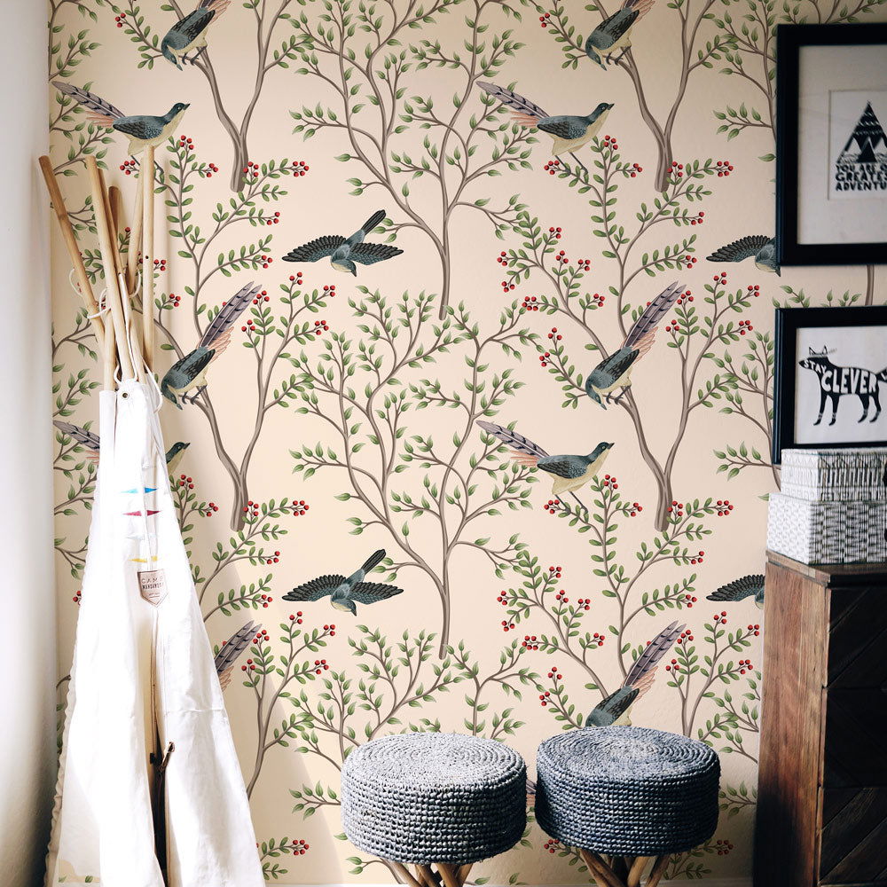 Birds and The Trees Wallpaper - Pink | DeccoPrint