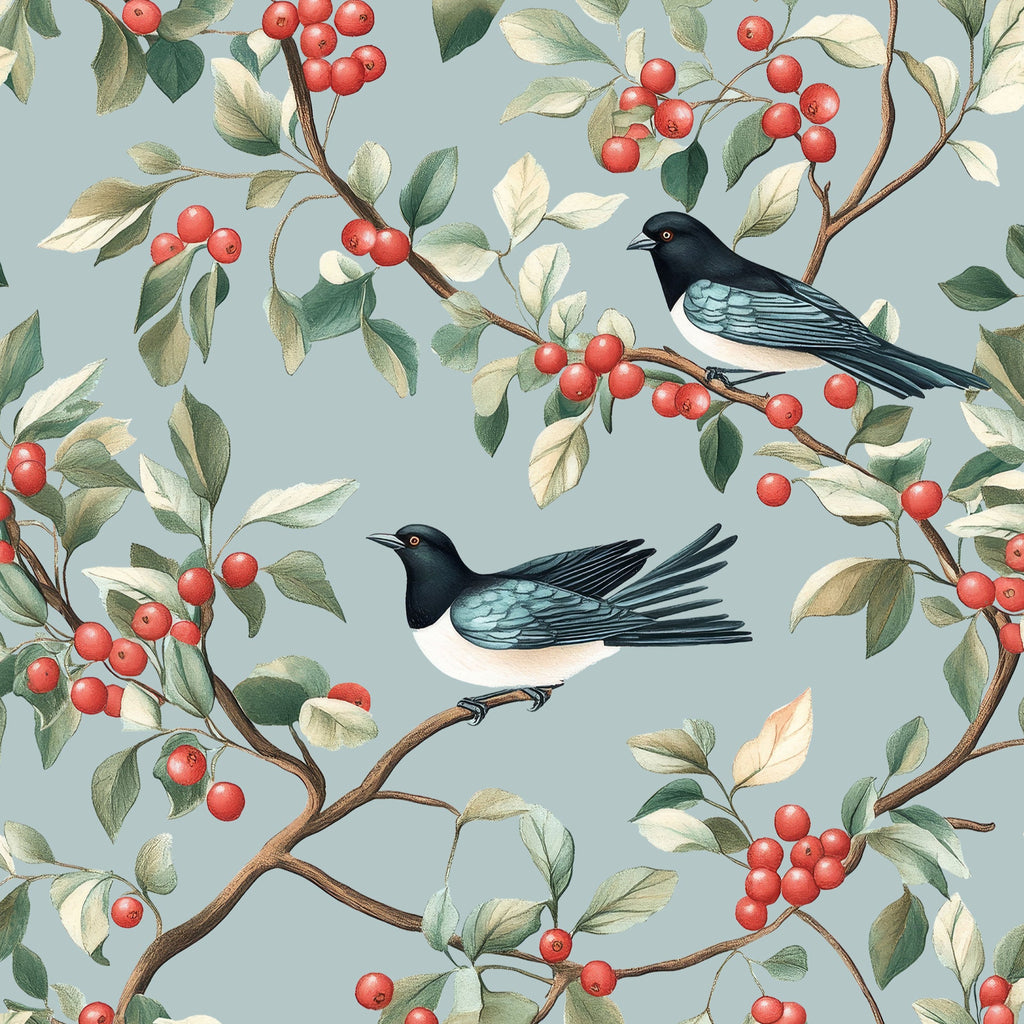 Pattern of birds and berries on a light blue background