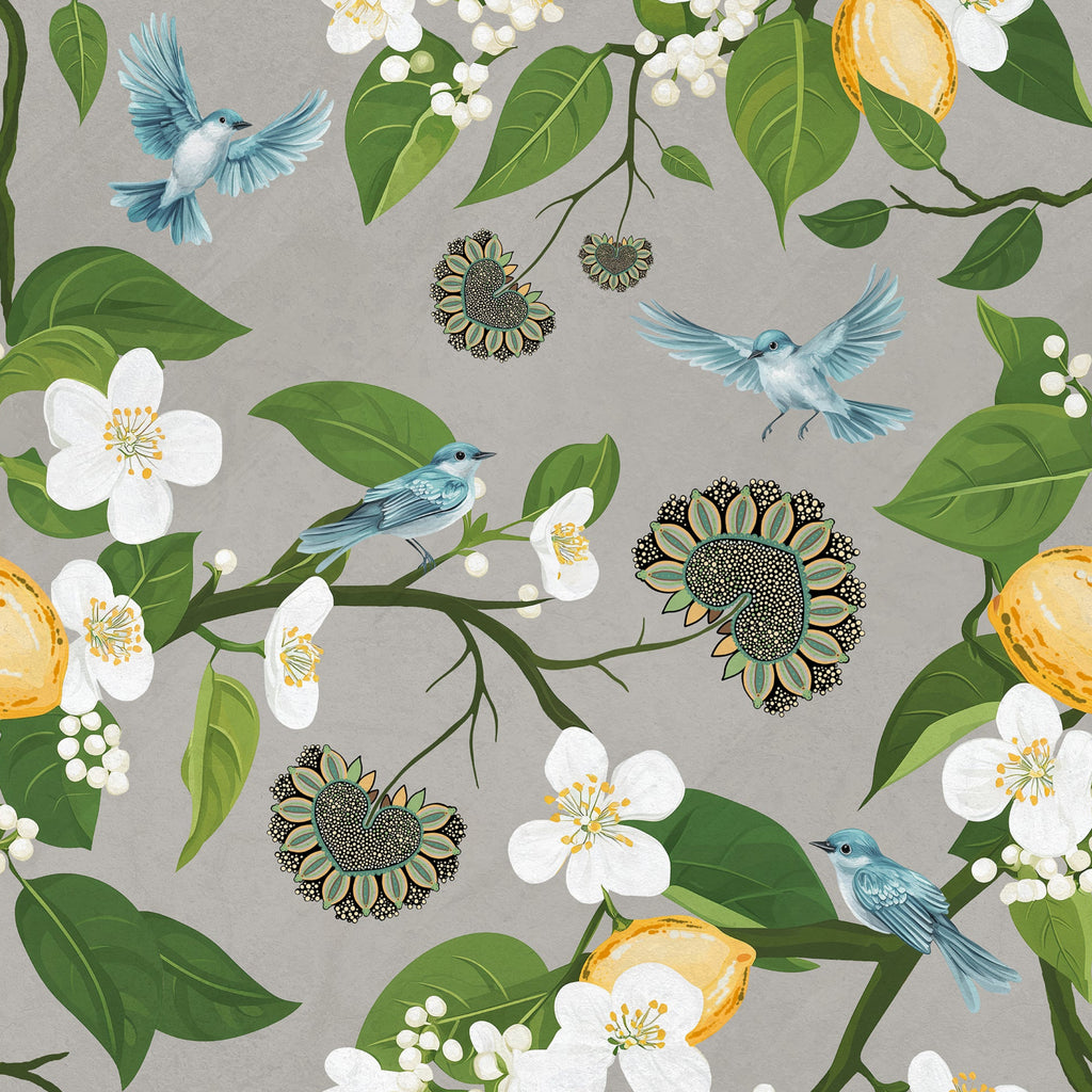 Pattern of birds, flowers, and leaves on a gray background