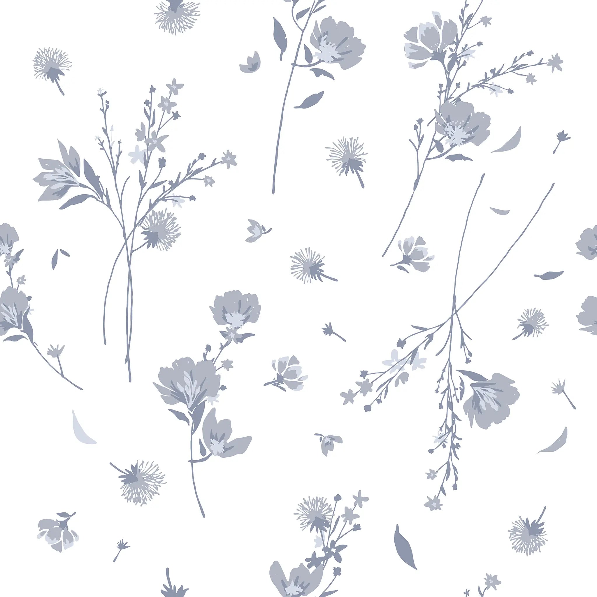 Floral pattern with blue flowers and leaves on a white background