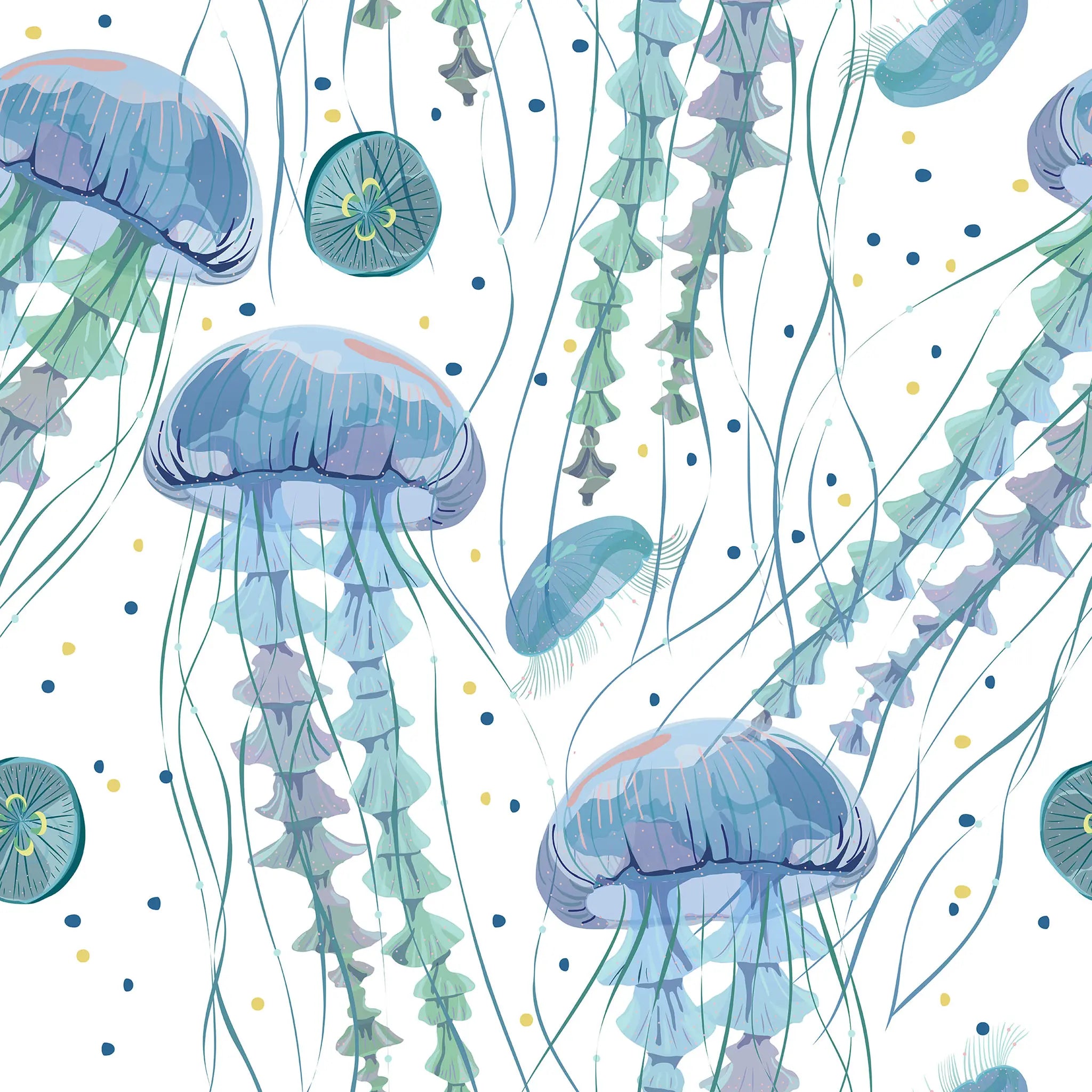 Pattern of blue jellyfish on a white background with small colorful dots.