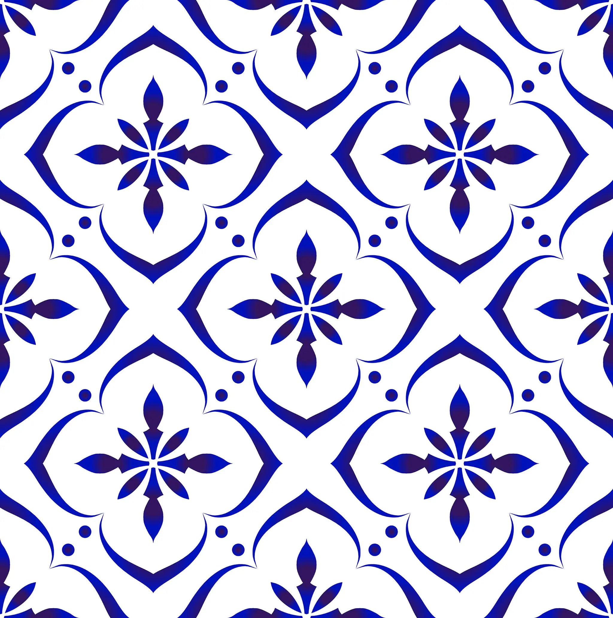 Pattern of blue and white tiles with star-like shapes on a white background