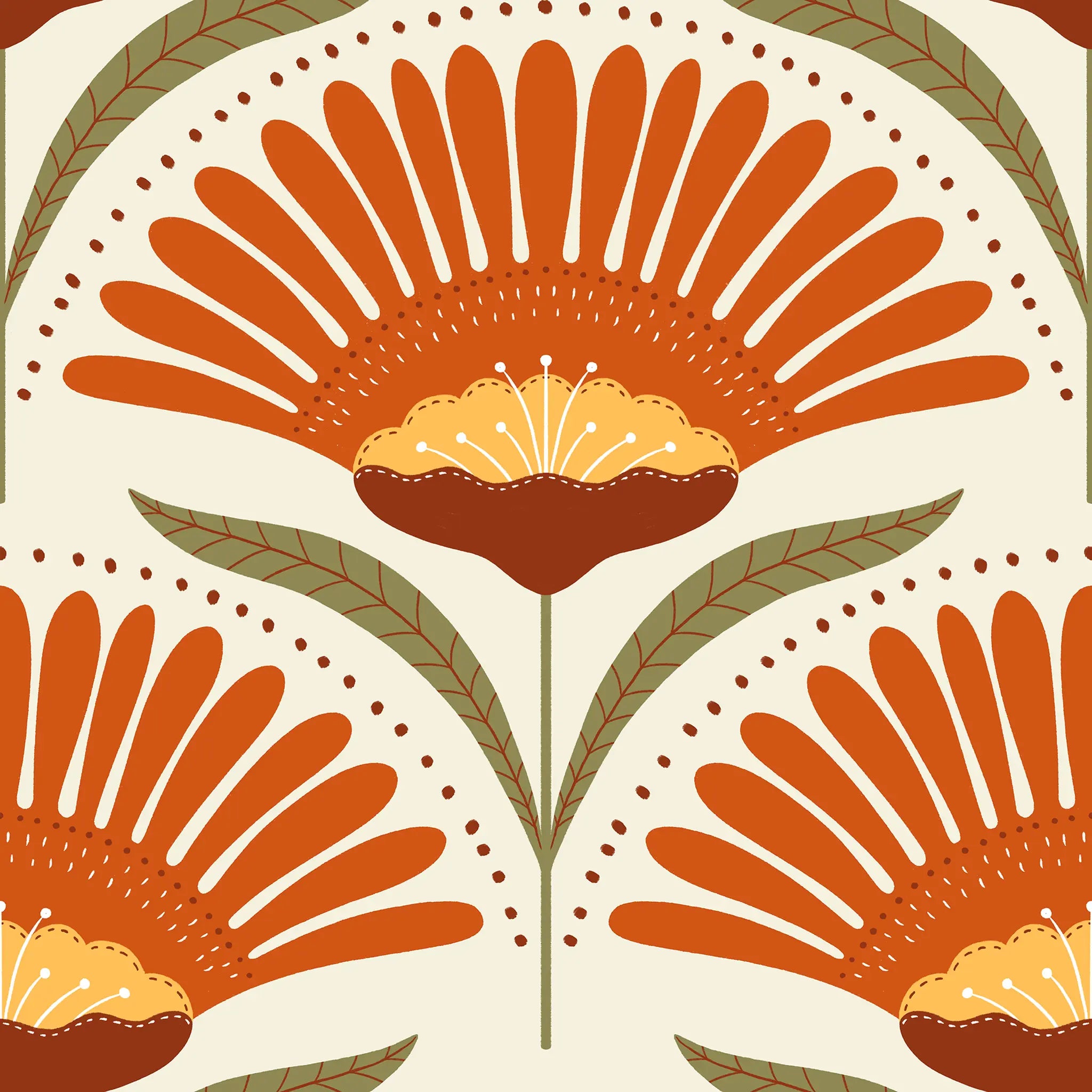 Decorative pattern with orange flowers and green leaves on a beige background