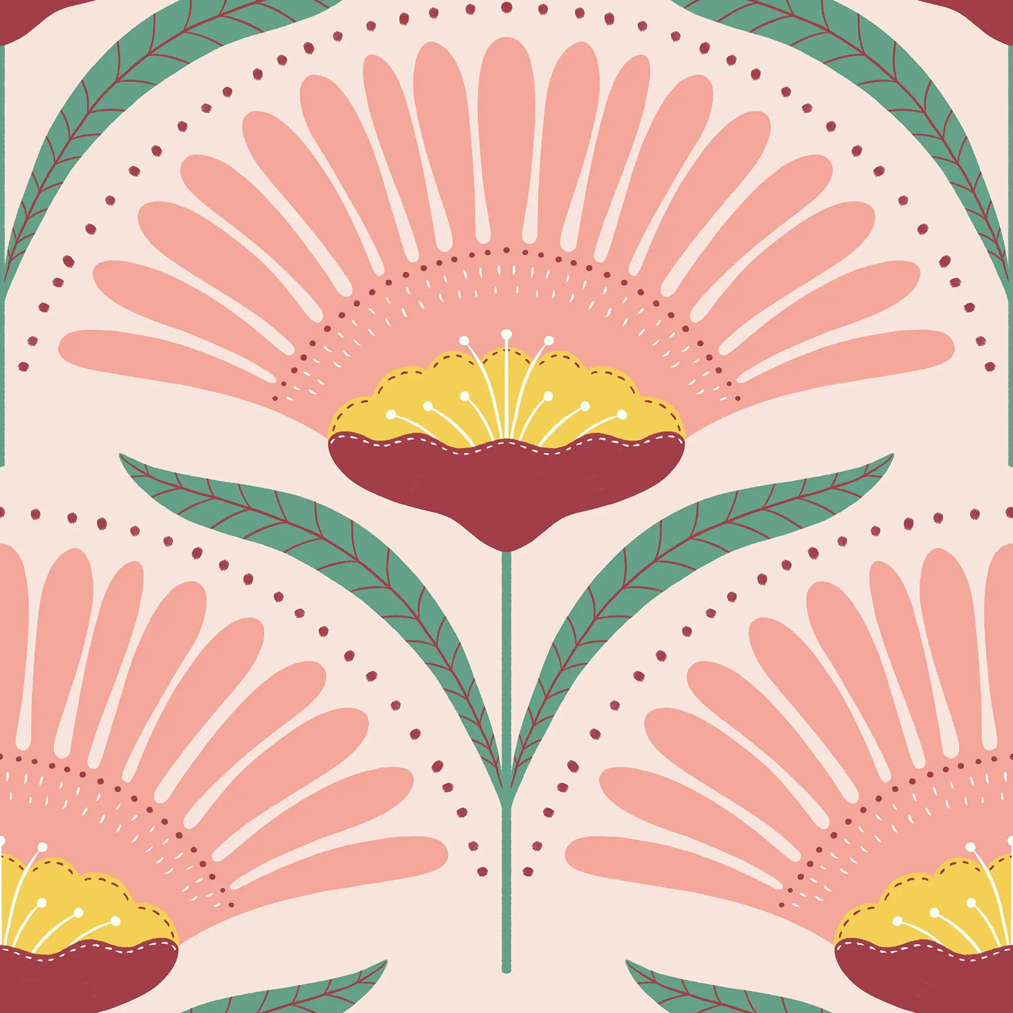 Decorative floral pattern with pink and red flowers on a beige background