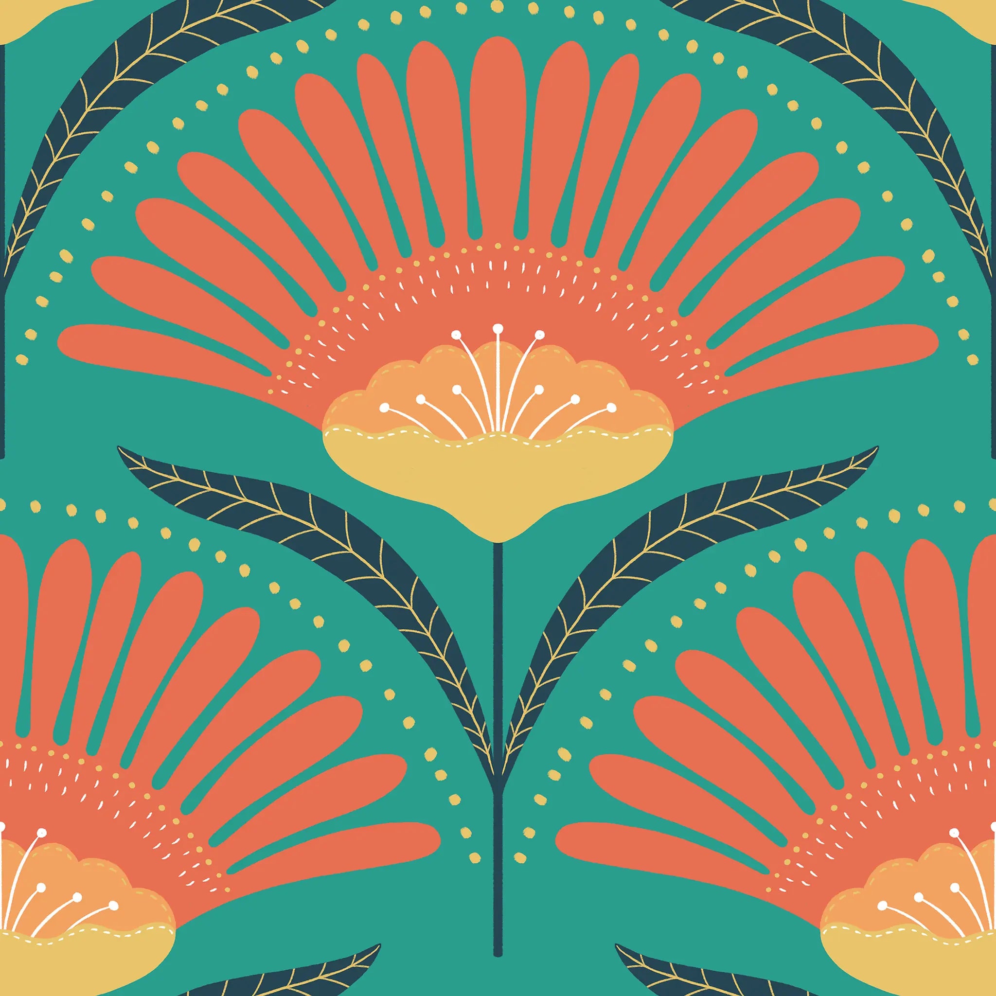 Decorative pattern with orange flowers and green leaves on a teal background