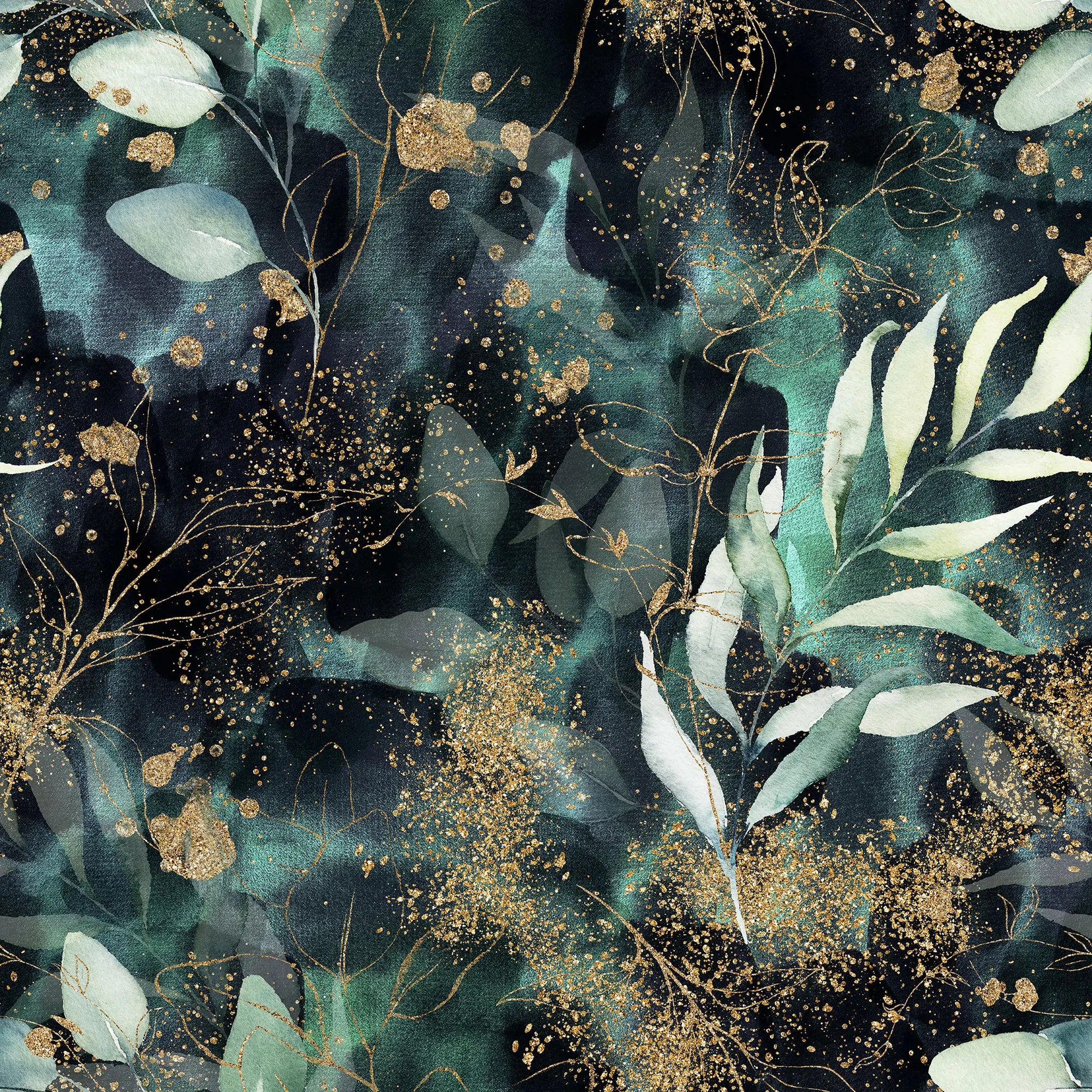 Floral pattern with leaves and gold accents on a dark background