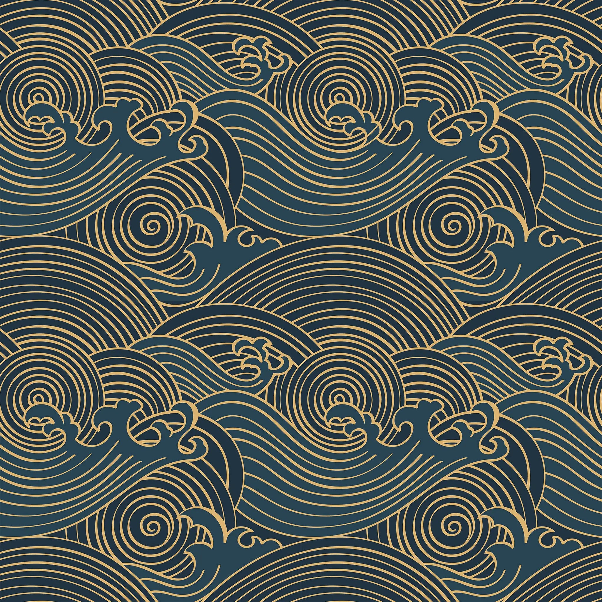 Decorative pattern of stylized waves in gold on a dark blue background