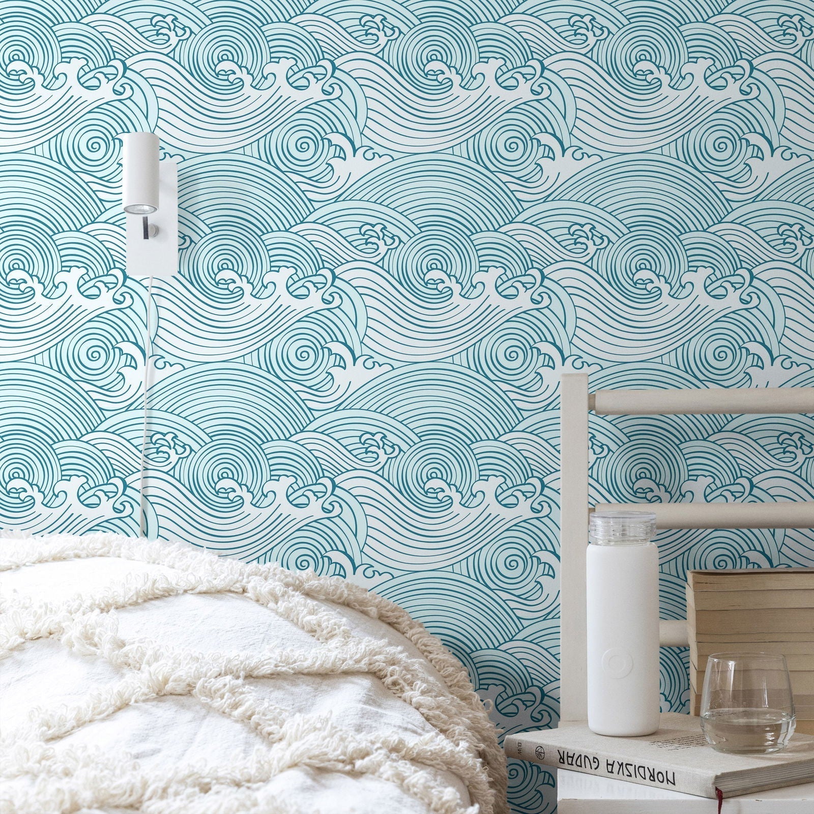 Bright Waves Peel and Stick Wallpaper, Removable Wallpaper, Traditional Wallpaper - Teal | DeccoPrint
