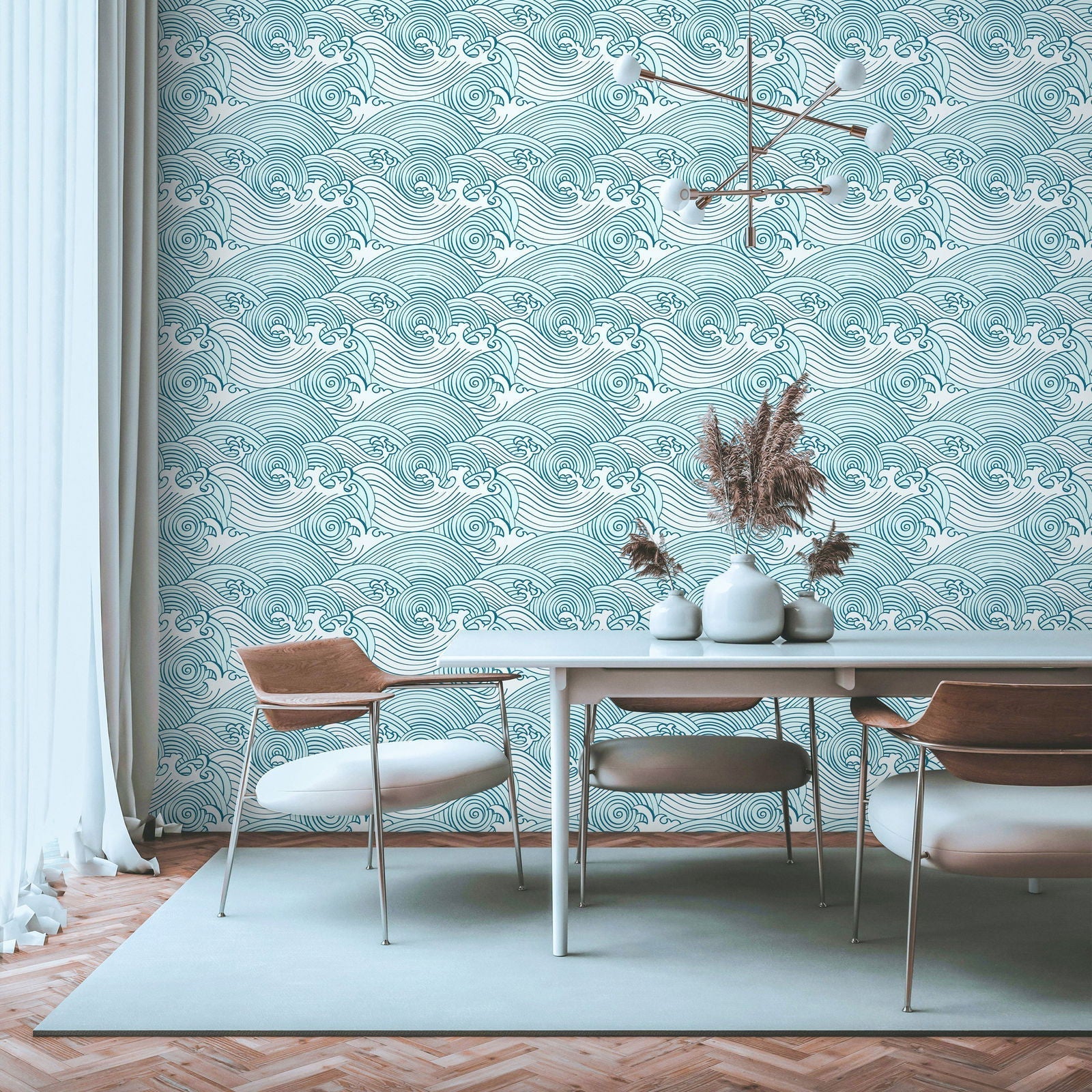 Bright Waves Peel and Stick Wallpaper, Removable Wallpaper, Traditional Wallpaper - Teal | DeccoPrint