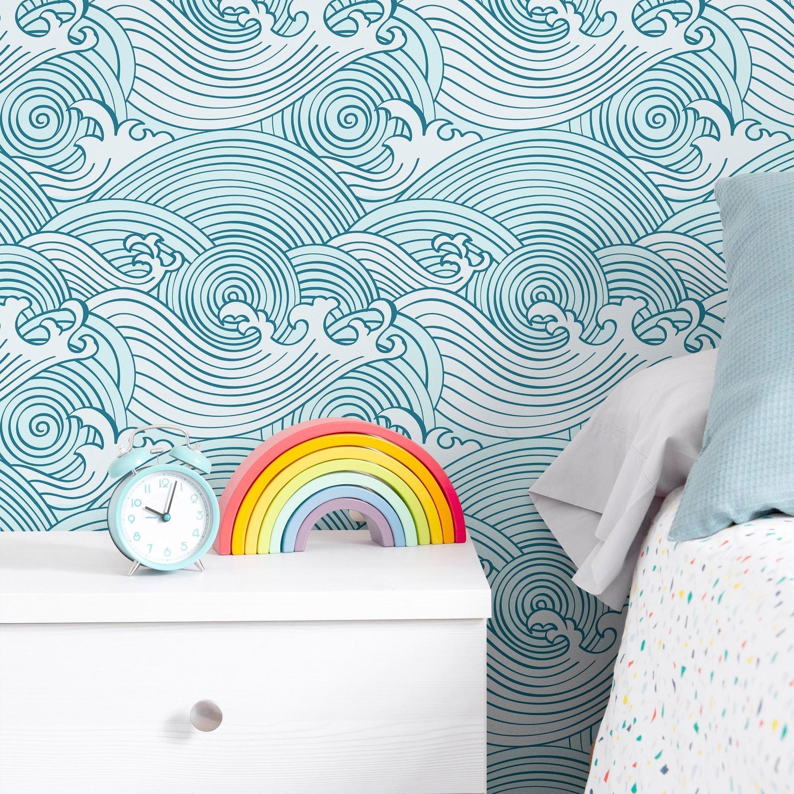 Bright Waves Peel and Stick Wallpaper, Removable Wallpaper, Traditional Wallpaper - Teal | DeccoPrint