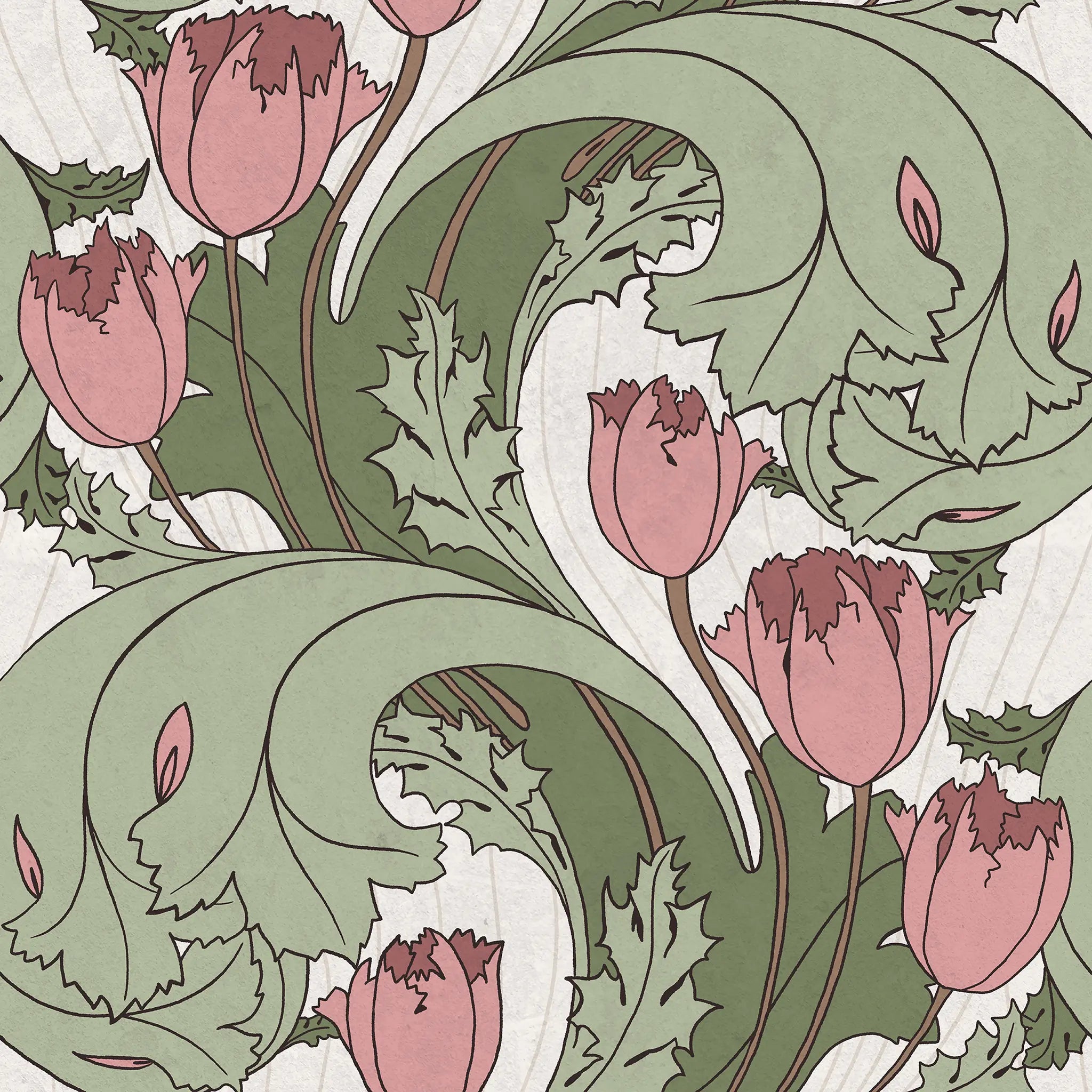 Decorative pattern with pink flowers and green leaves on a white background