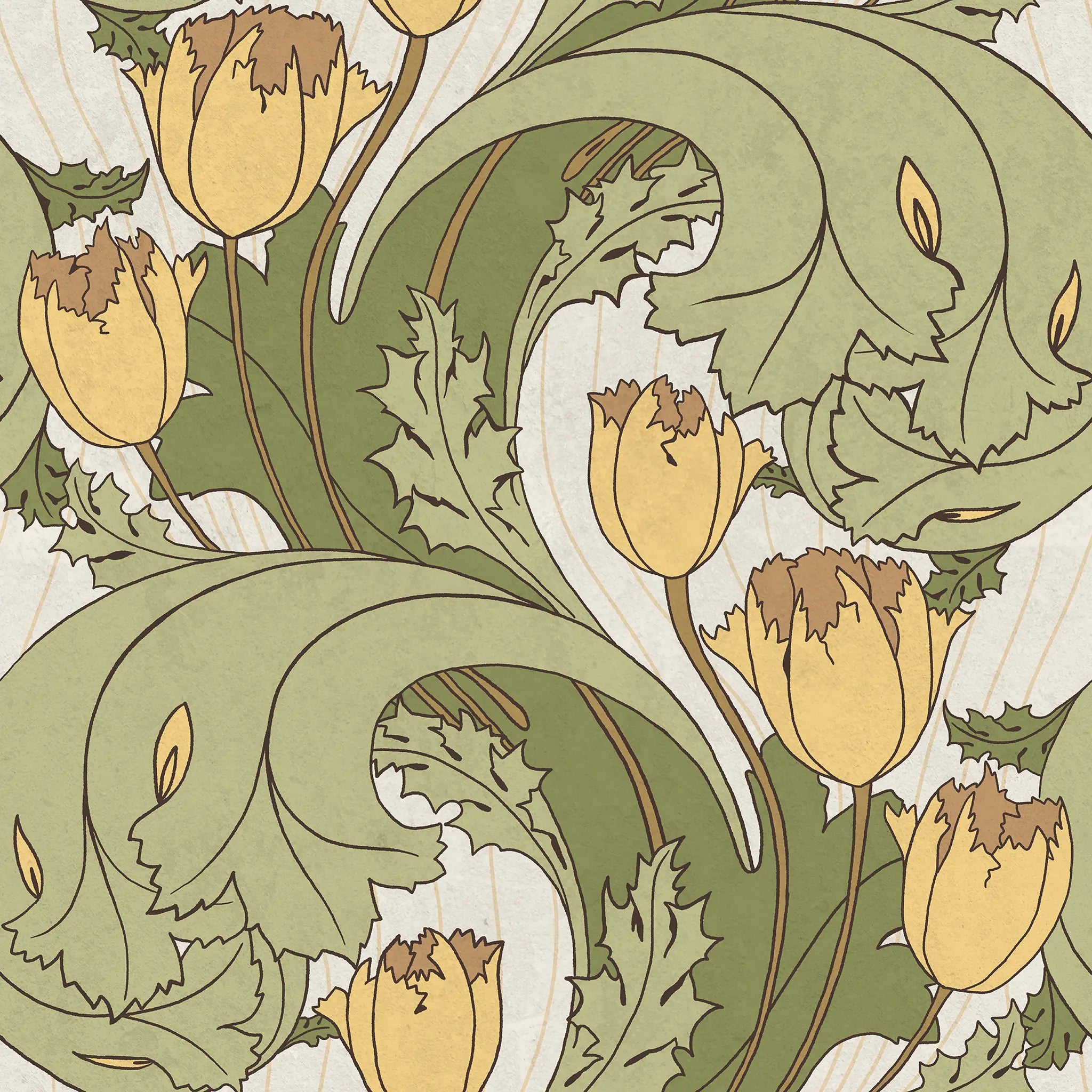 Decorative pattern with yellow flowers and green leaves on a beige background