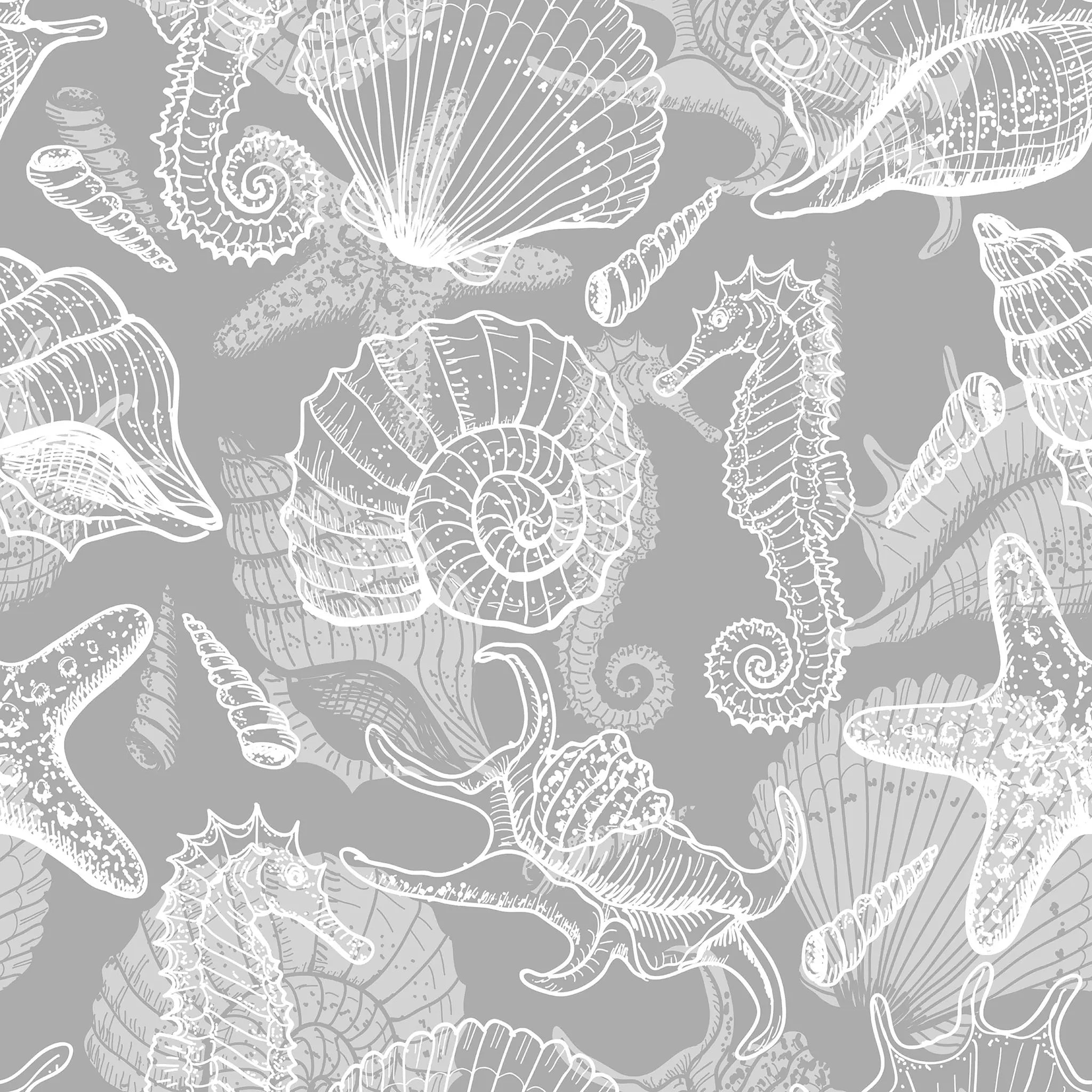 Seashell and seahorse pattern on a gray background