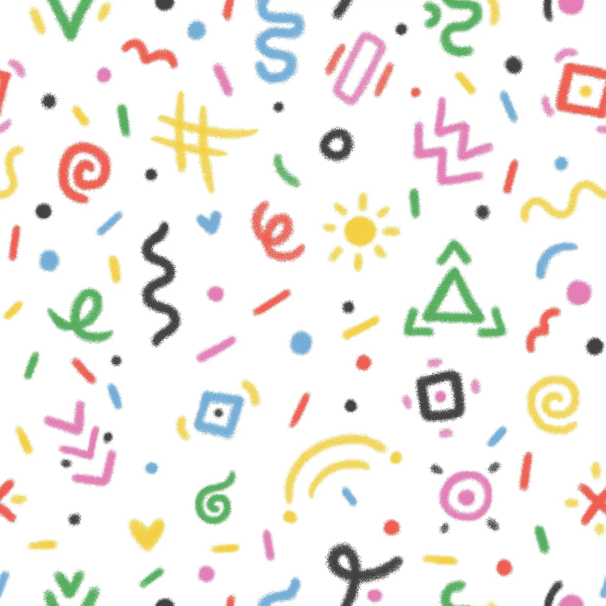 Pattern of colorful geometric shapes on a white background