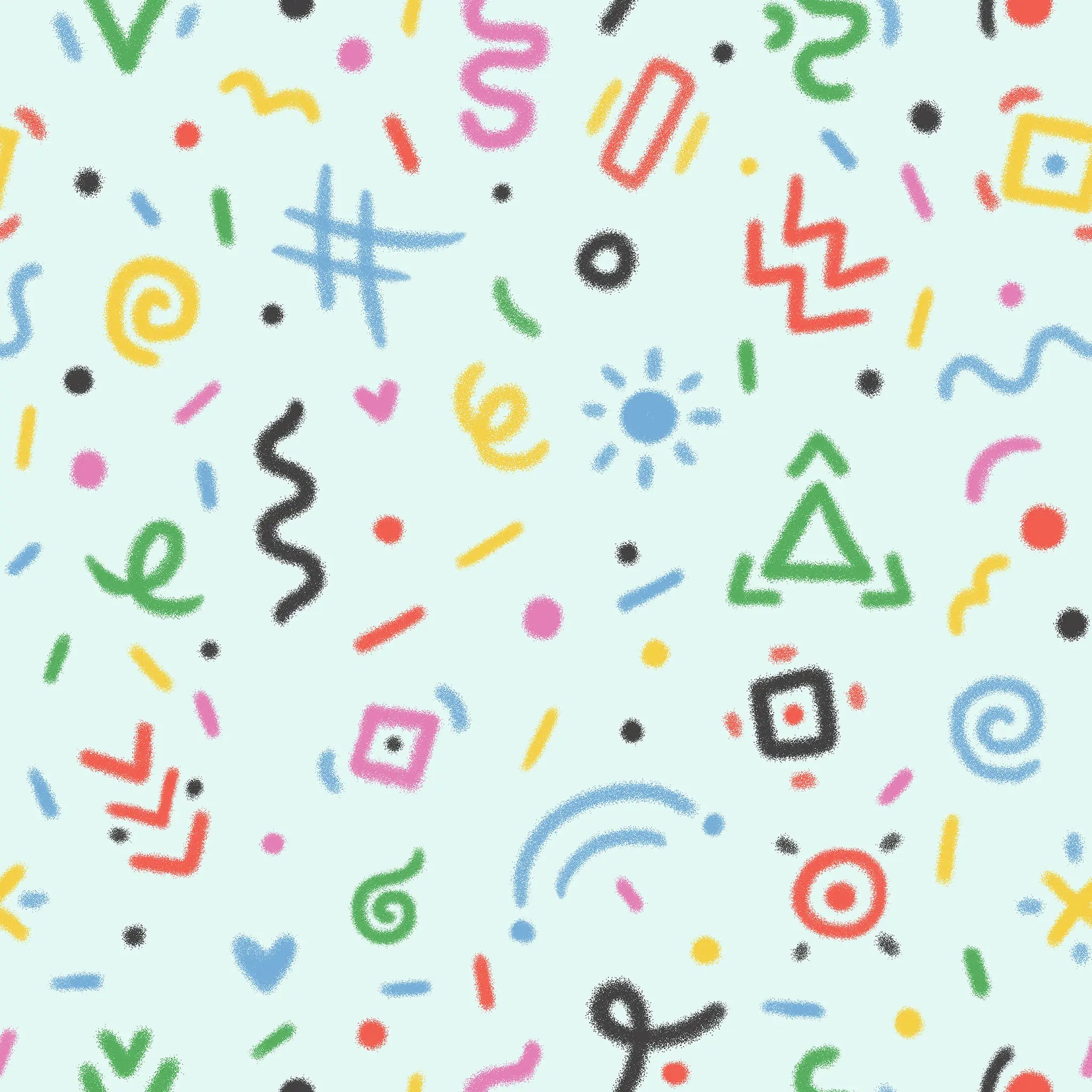 Colorful geometric shapes and symbols on a light blue background