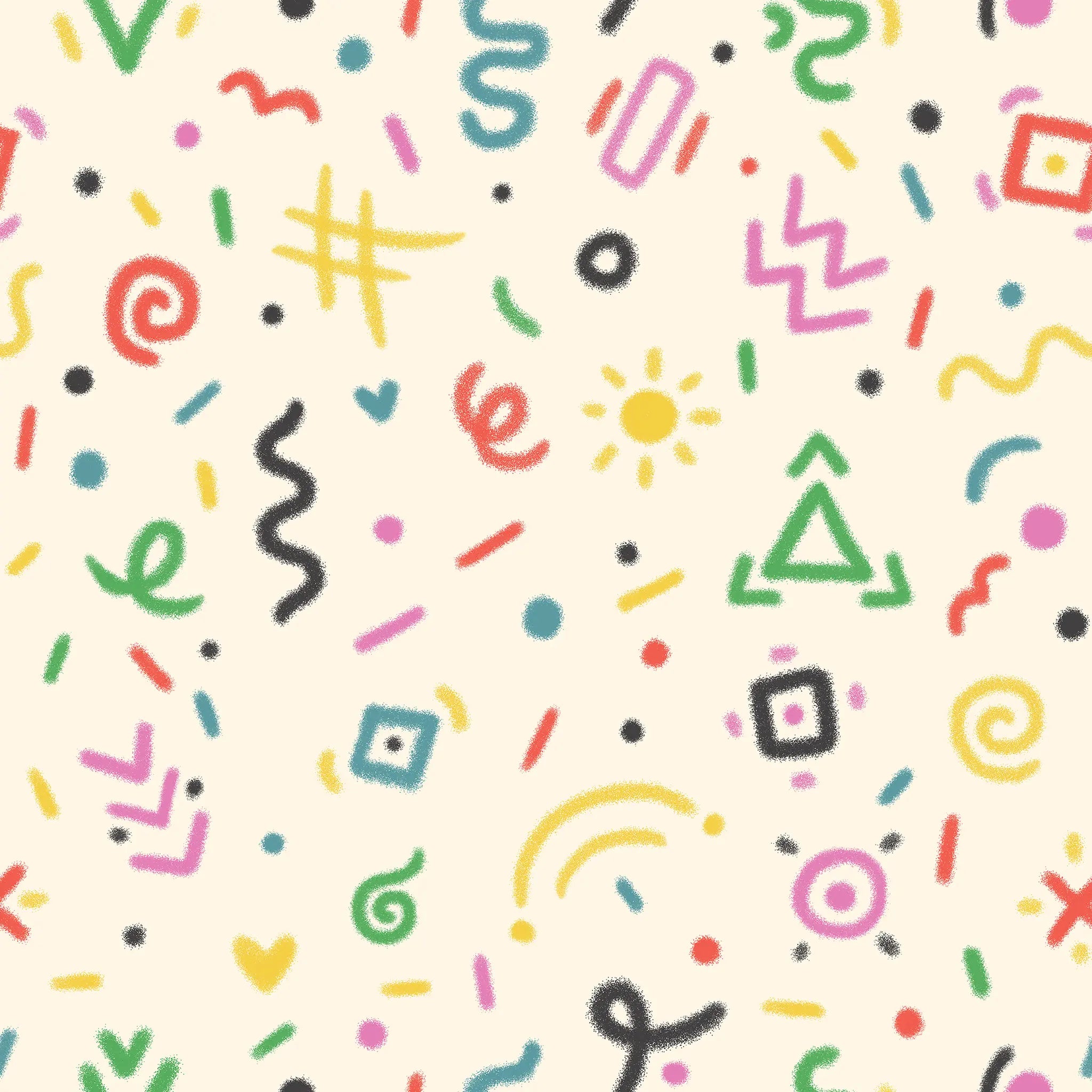 Pattern of colorful geometric shapes on a beige background