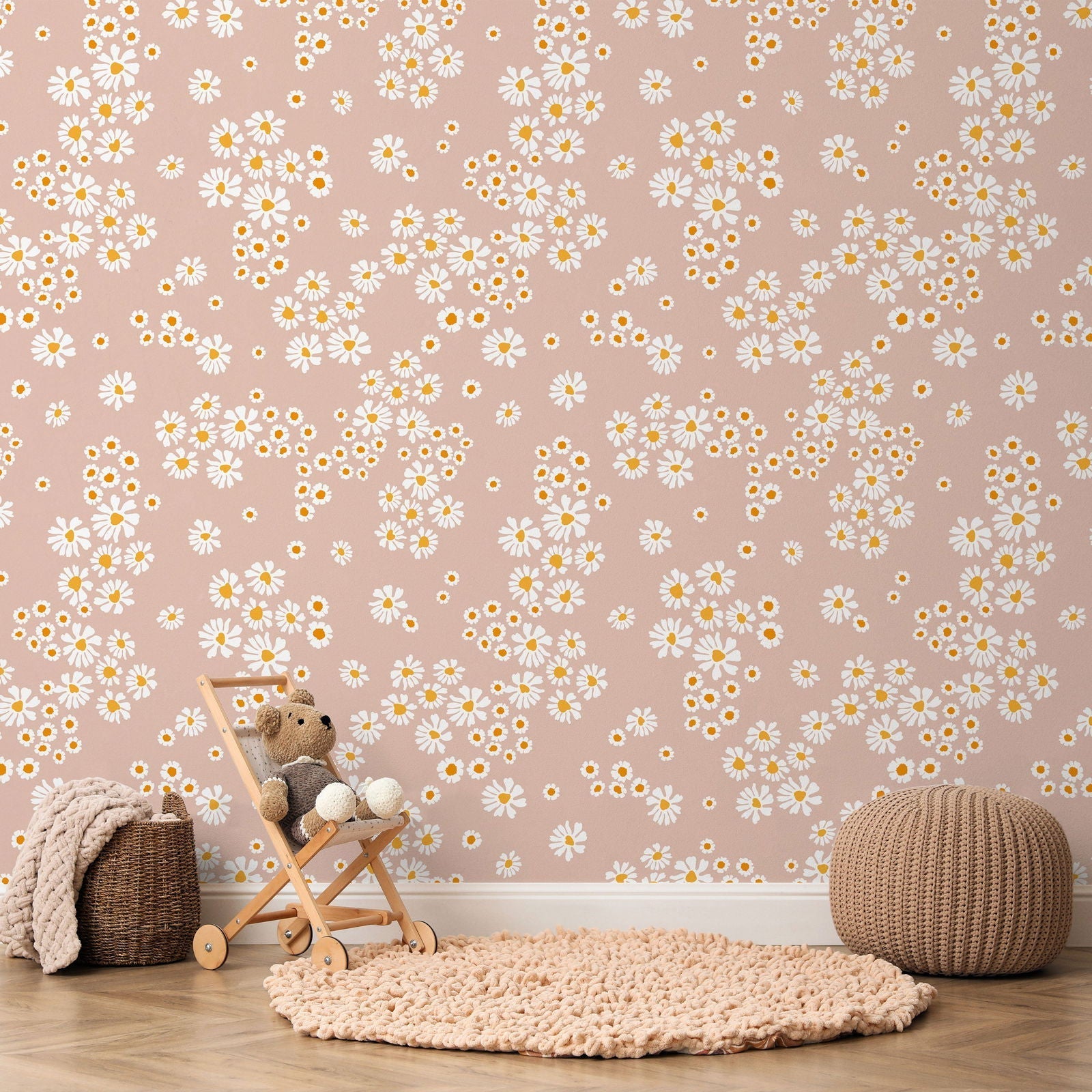 Chamomile Meadow Peel and Stick Wallpaper, Removable Wallpaper, Traditional Wallpaper - Beige | DeccoPrint