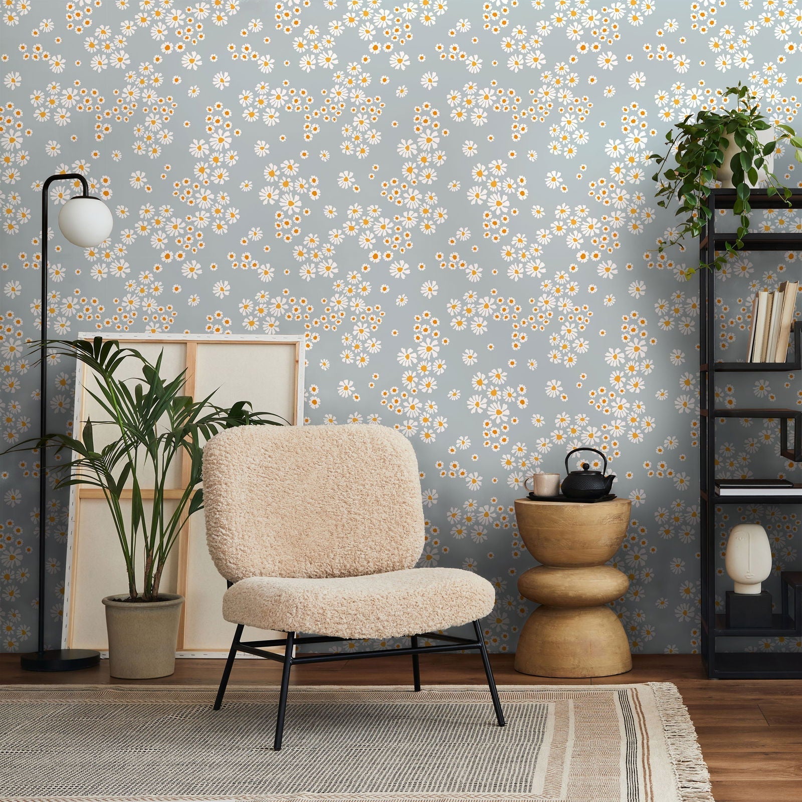 Chamomile Meadow Peel and Stick Wallpaper, Removable Wallpaper, Traditional Wallpaper - Blue | DeccoPrint