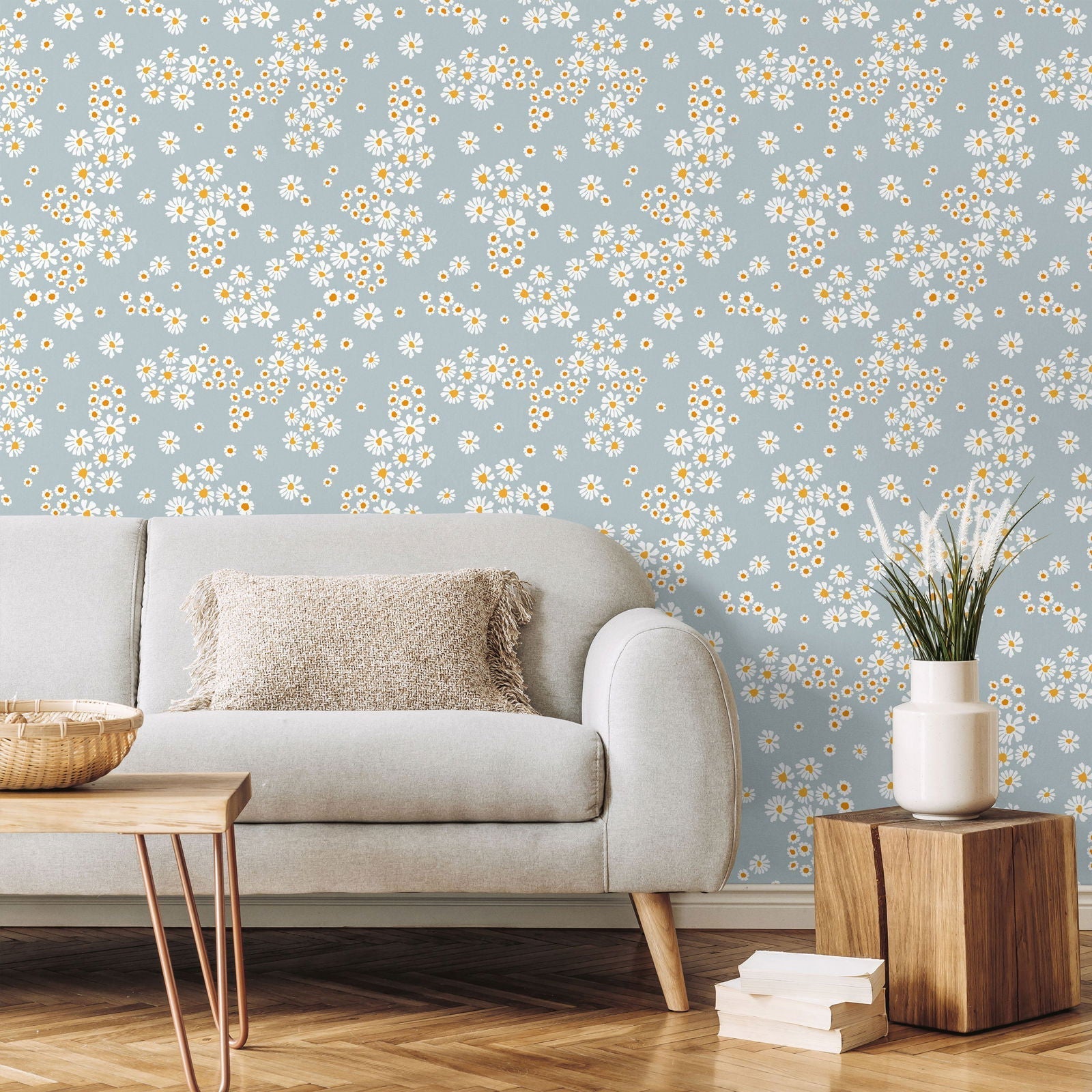 Chamomile Meadow Peel and Stick Wallpaper, Removable Wallpaper, Traditional Wallpaper - Blue | DeccoPrint