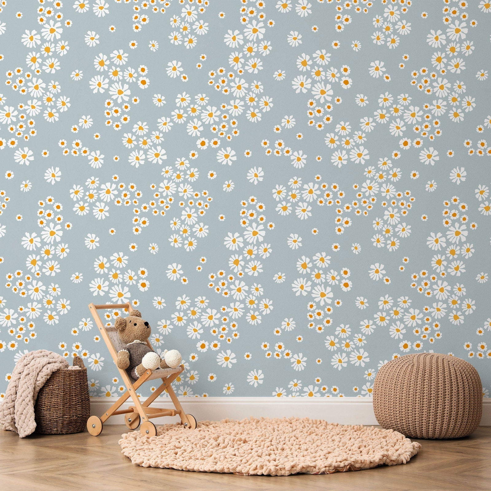 Chamomile Meadow Peel and Stick Wallpaper, Removable Wallpaper, Traditional Wallpaper - Blue | DeccoPrint