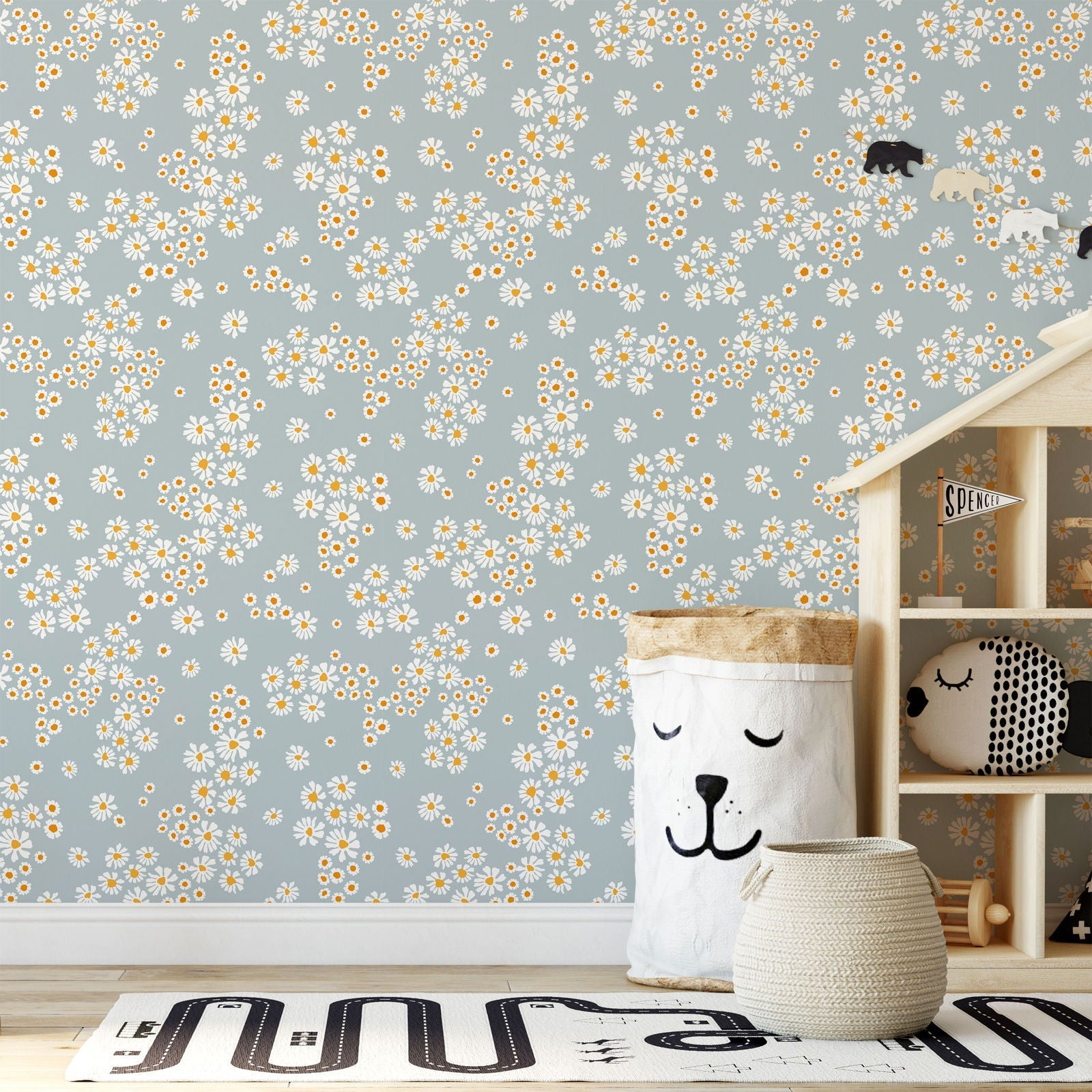 Chamomile Meadow Peel and Stick Wallpaper, Removable Wallpaper, Traditional Wallpaper - Blue | DeccoPrint