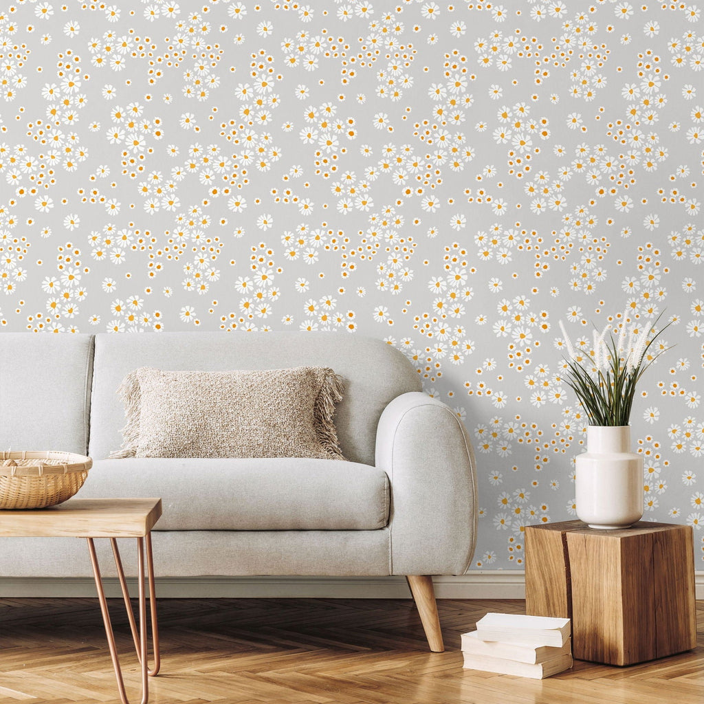 Chamomile Meadow Peel and Stick Wallpaper, Removable Wallpaper, Traditional Wallpaper - Grey | DeccoPrint