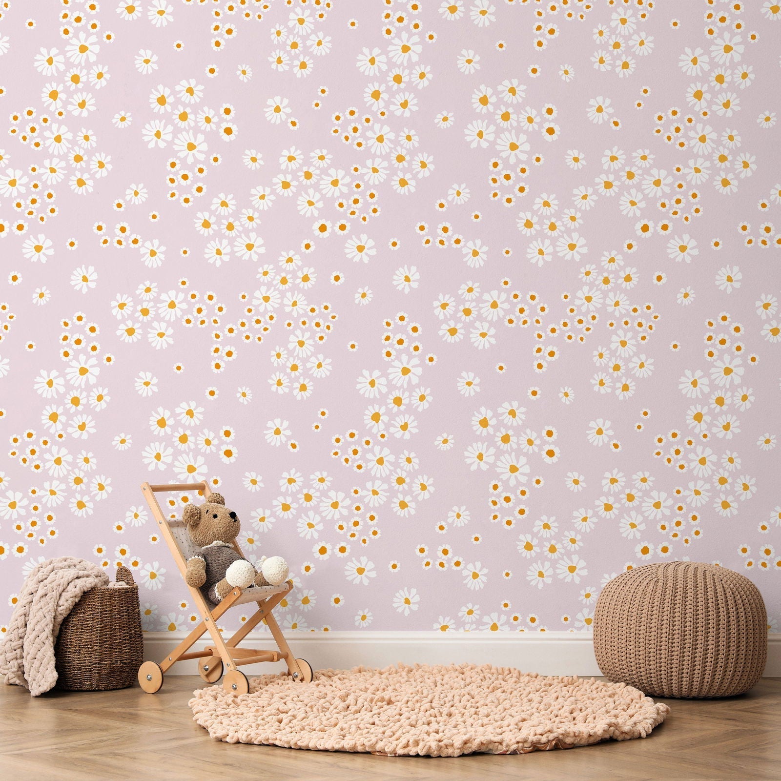 Chamomile Meadow Peel and Stick Wallpaper, Removable Wallpaper, Traditional Wallpaper - Pink | DeccoPrint