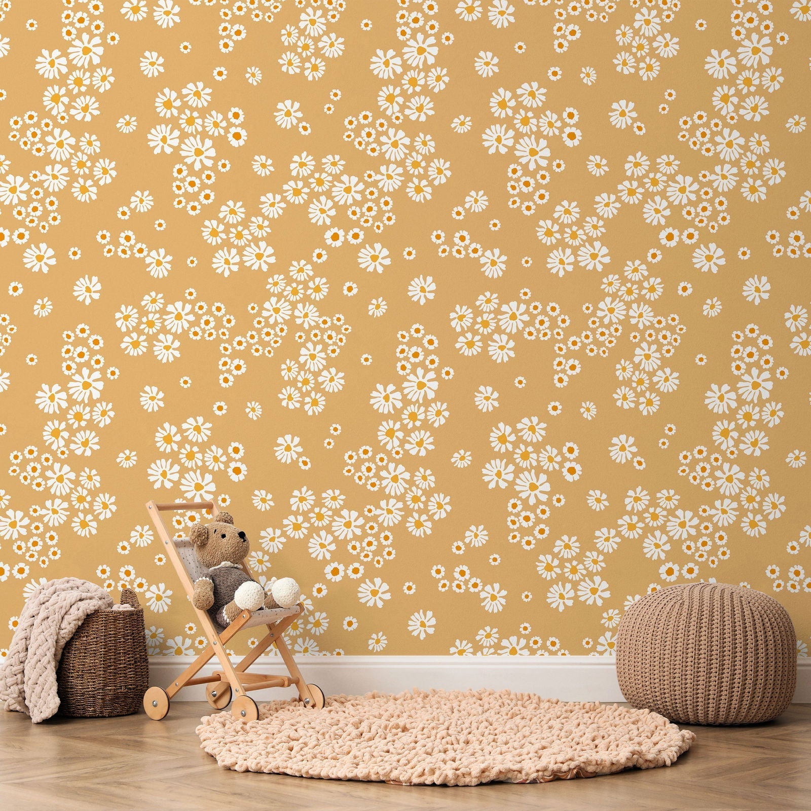 Chamomile Meadow Peel and Stick Wallpaper, Removable Wallpaper, Traditional Wallpaper - Yellow | DeccoPrint