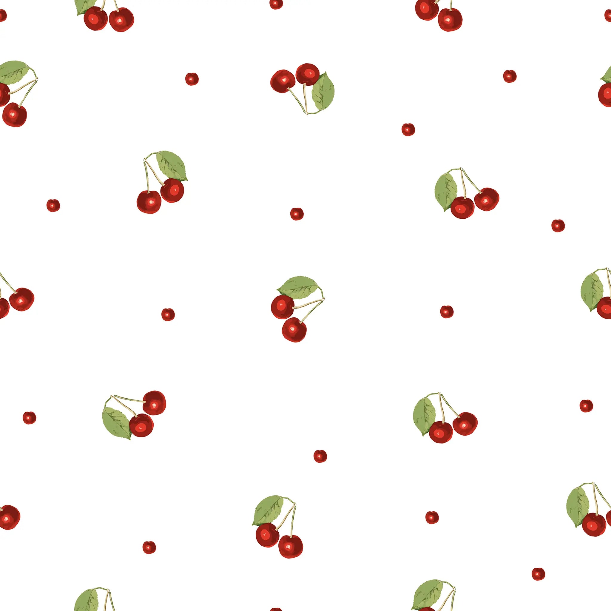 Pattern of red cherries with green leaves on a white background
