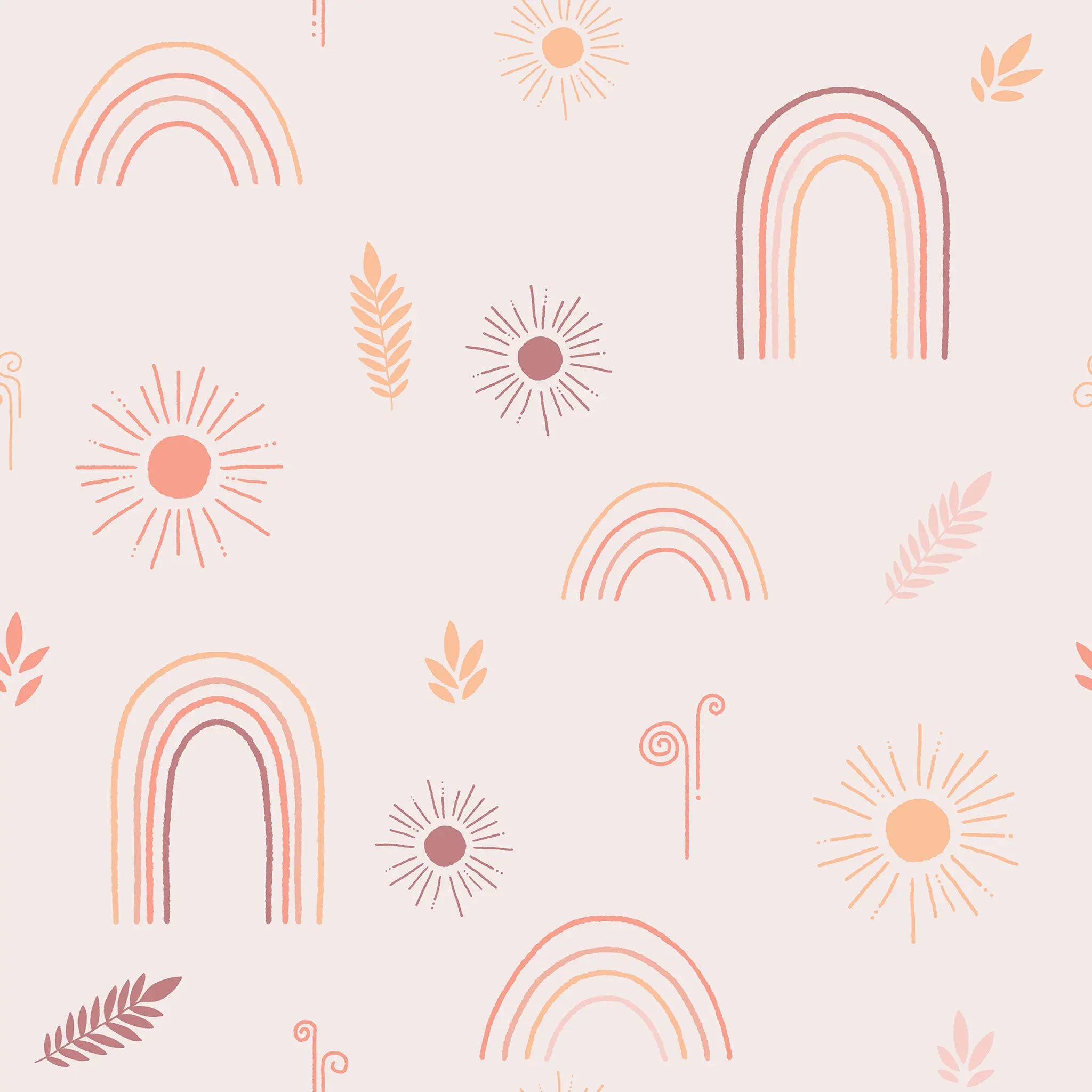 Pattern of rainbows, suns, and leaves on a light pink background