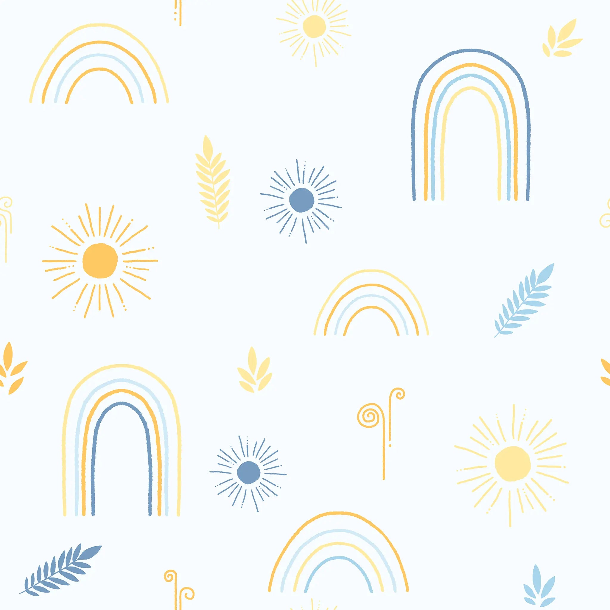 Pattern of rainbows, suns, and leaves on a white background