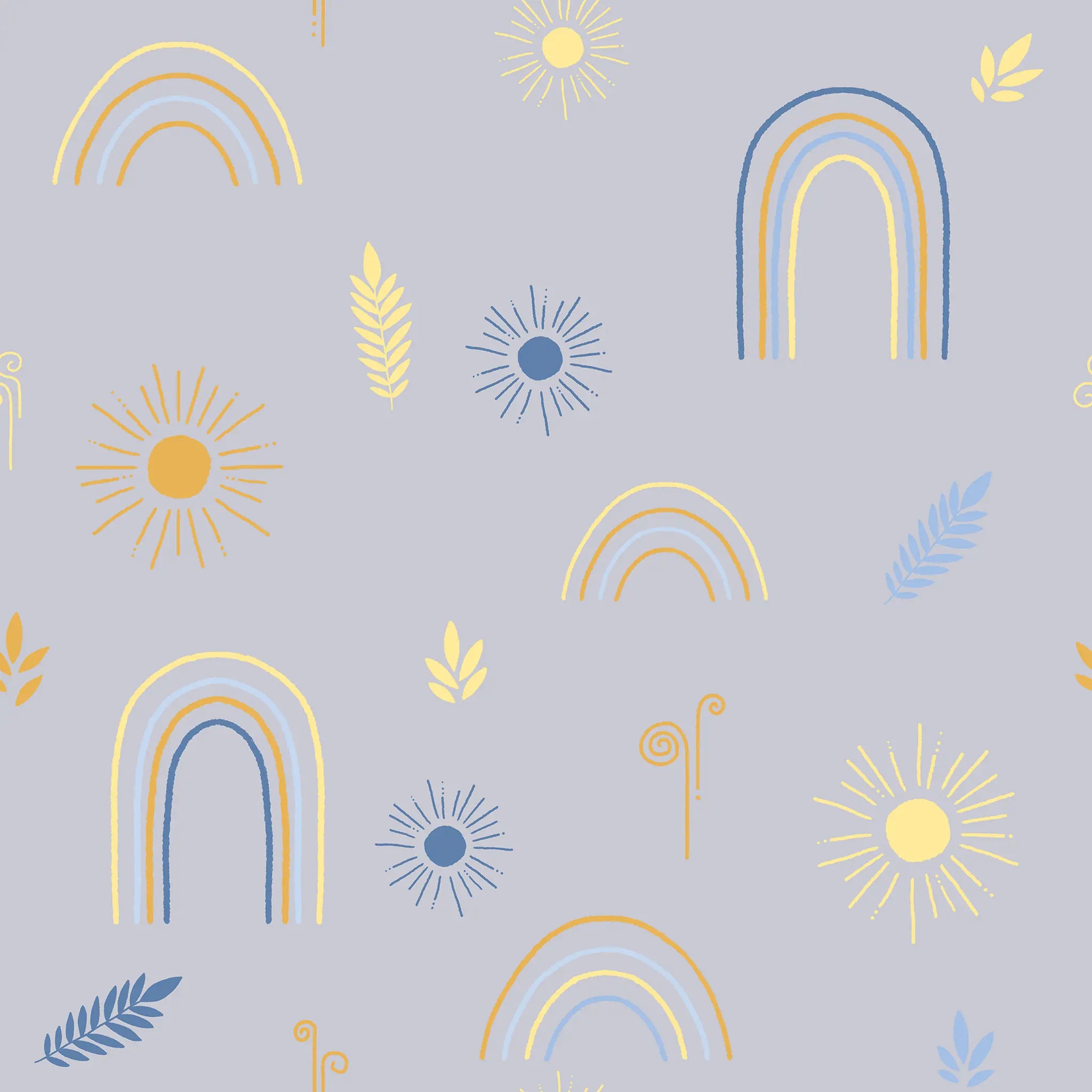 Pattern of rainbows, suns, and leaves on a light blue background