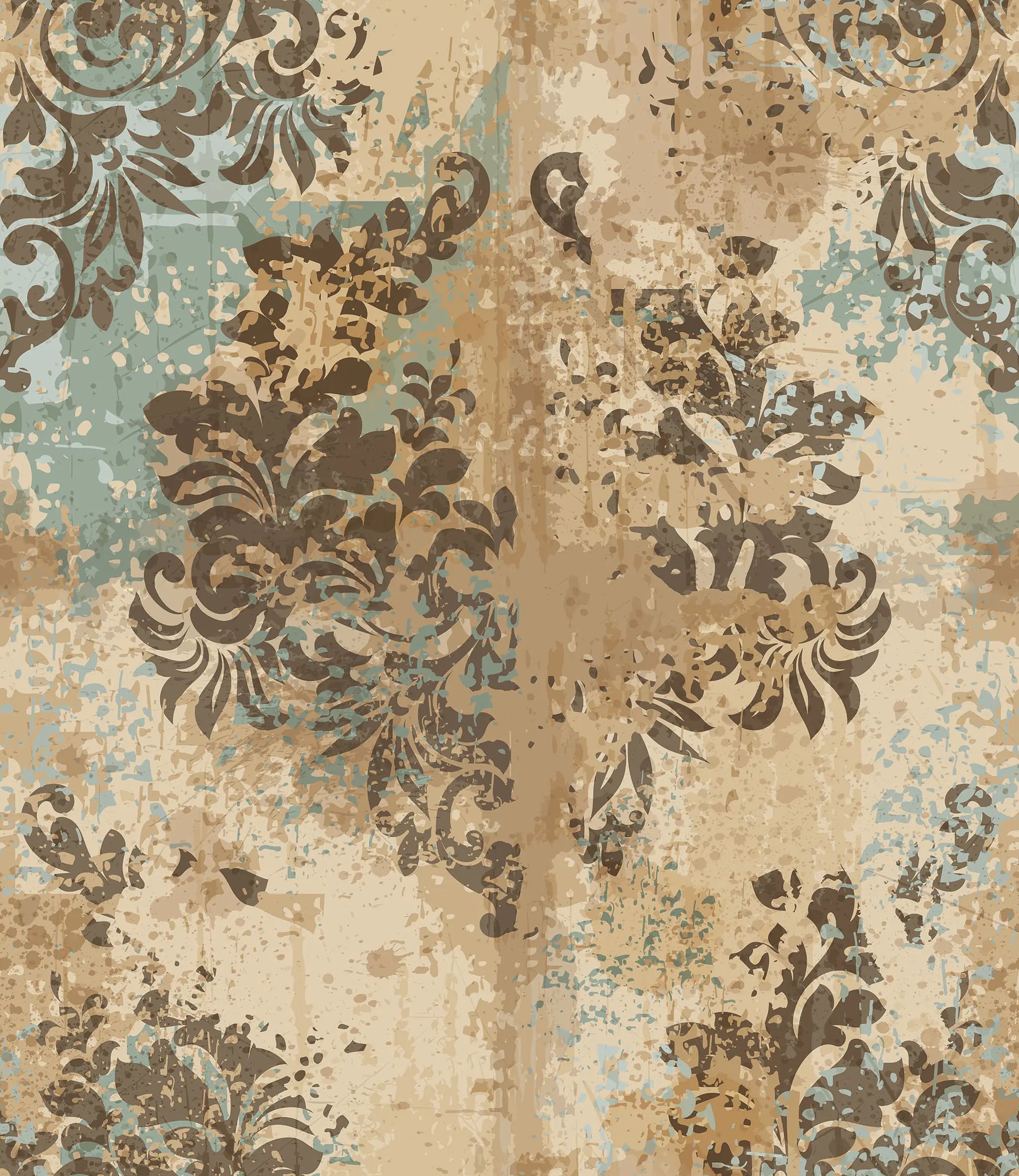 Decorative wallpaper with vintage-style floral pattern in brown and blue tones.