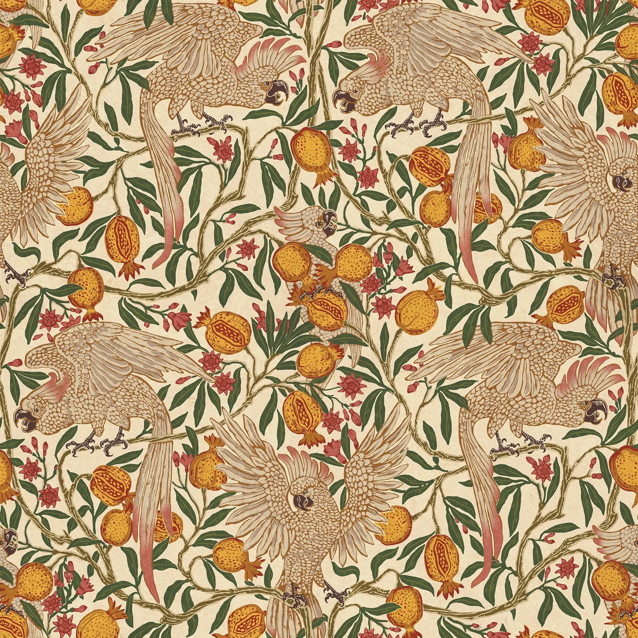 cream-colored cockatoos perched among twisting green vines, red blossoms, and golden pomegranate fruits on a beige background