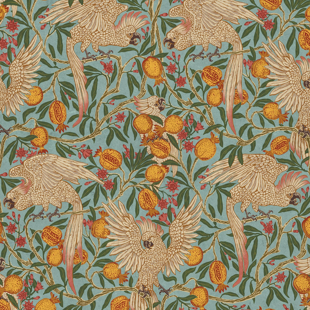 cream-colored cockatoos perched among twisting green vines, red blossoms, and golden pomegranate fruits on a soft blue background